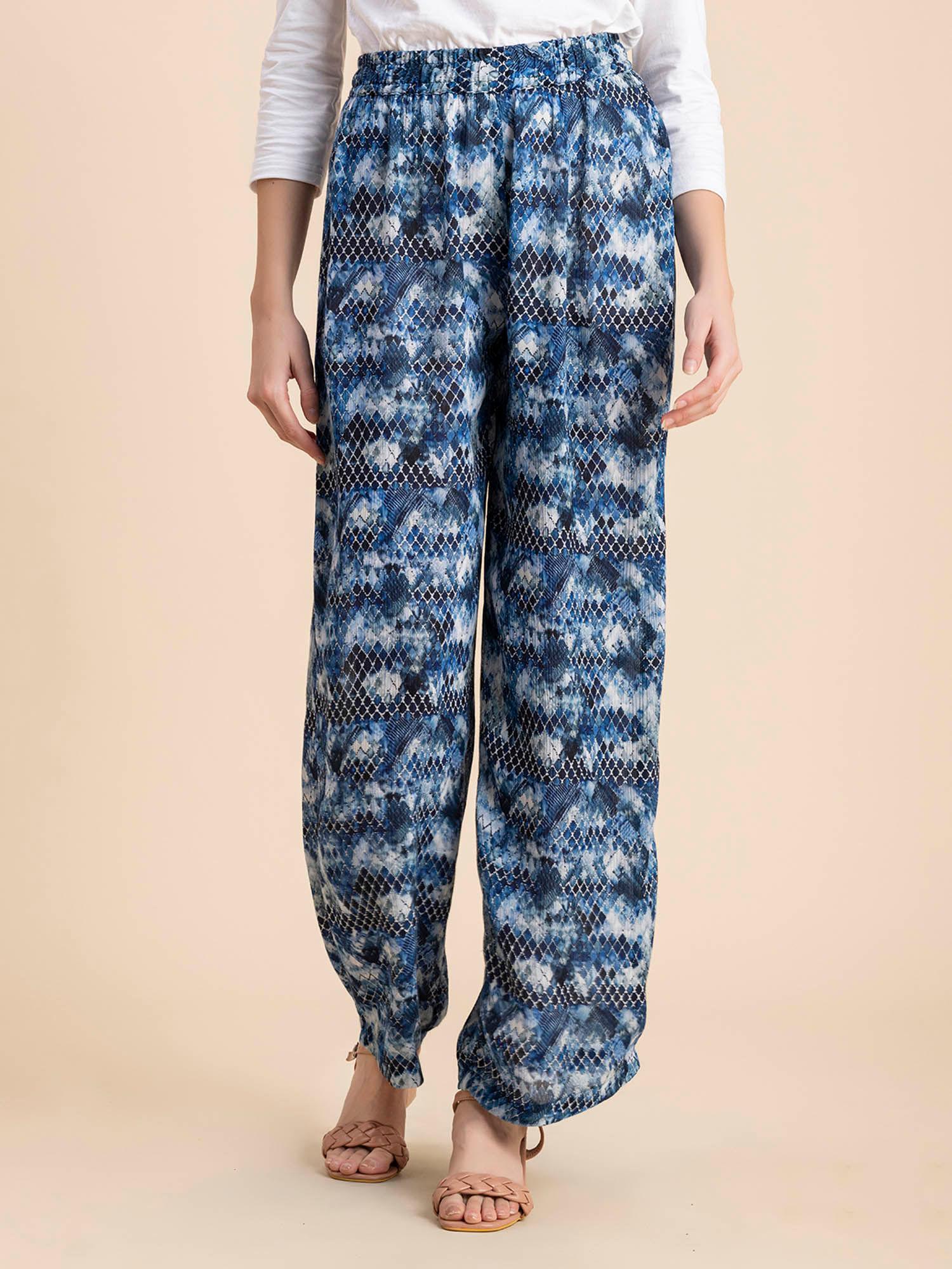 women comfortable fit rayon animal print blue pant