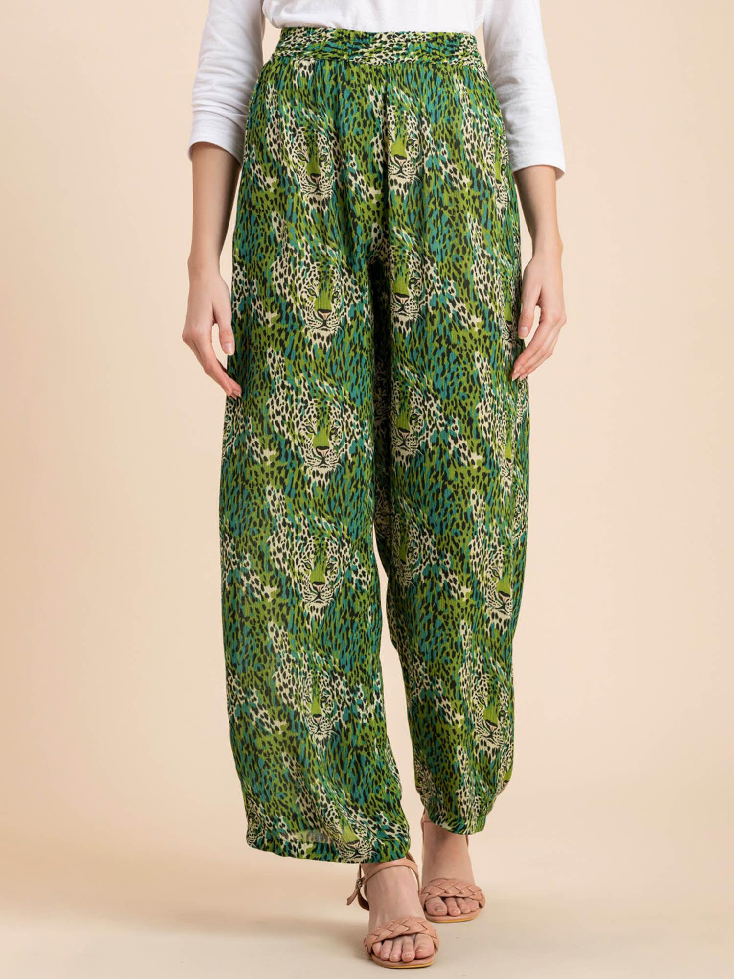 women comfortable fit rayon animal print green pant