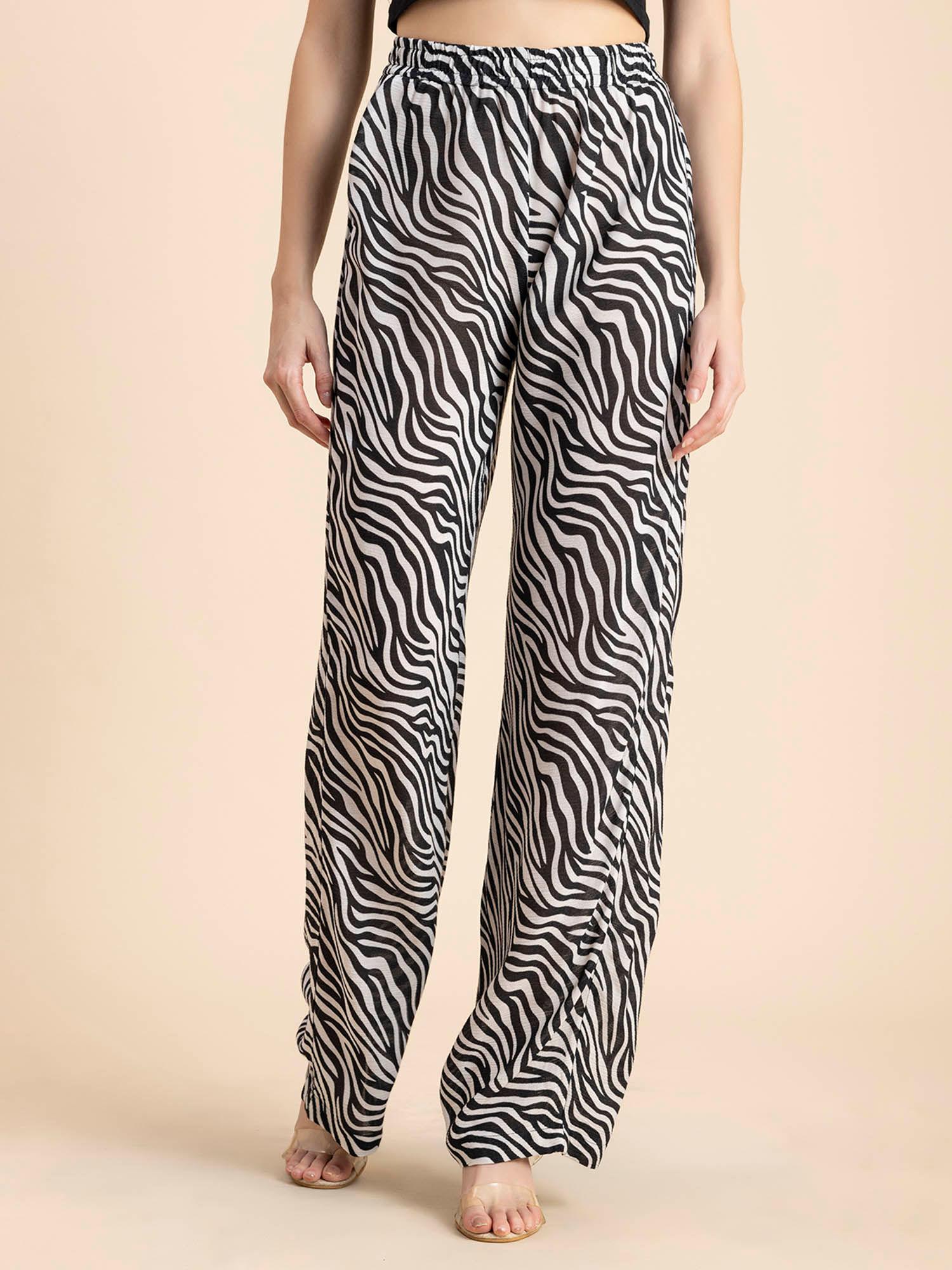 women comfortable fit rayon animal print white pant