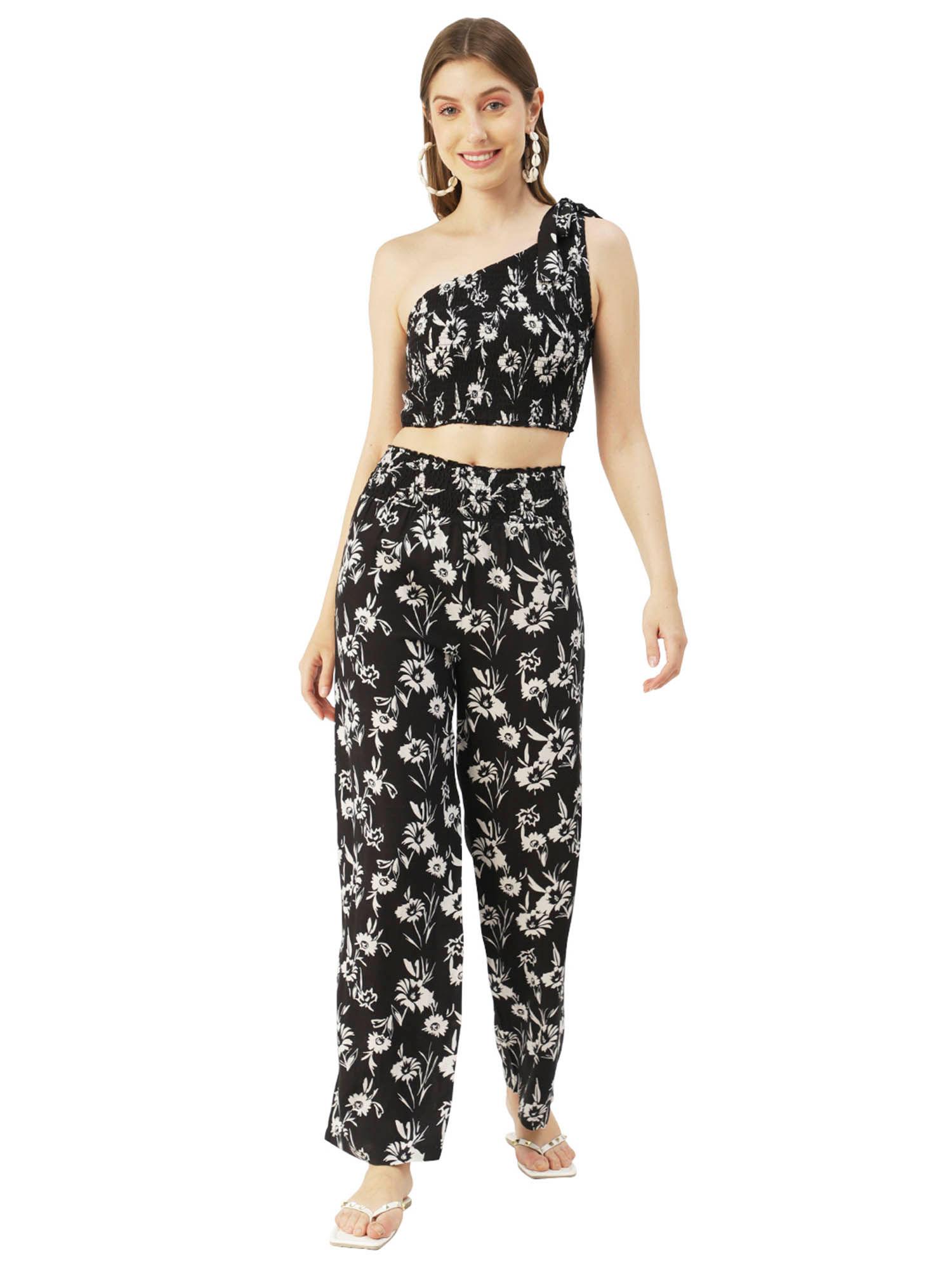 women comfortable fit rayon floral black co-ord (set of 2)