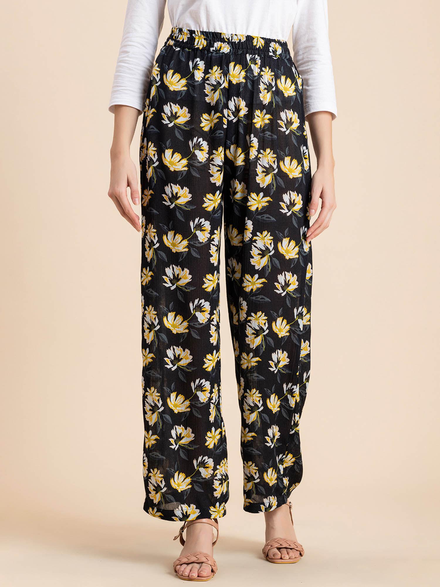 women comfortable fit rayon floral black pant