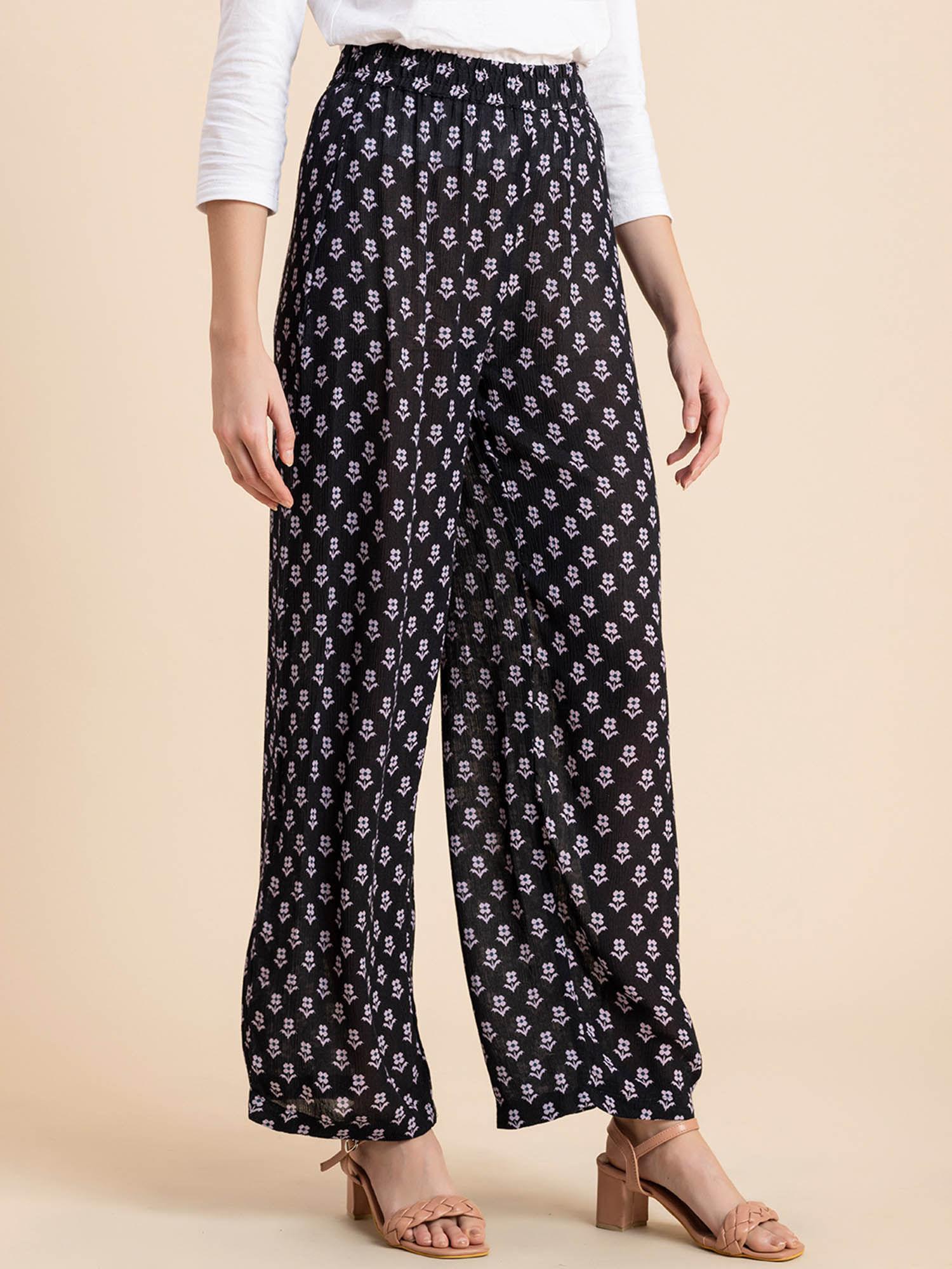 women comfortable fit rayon floral black pant