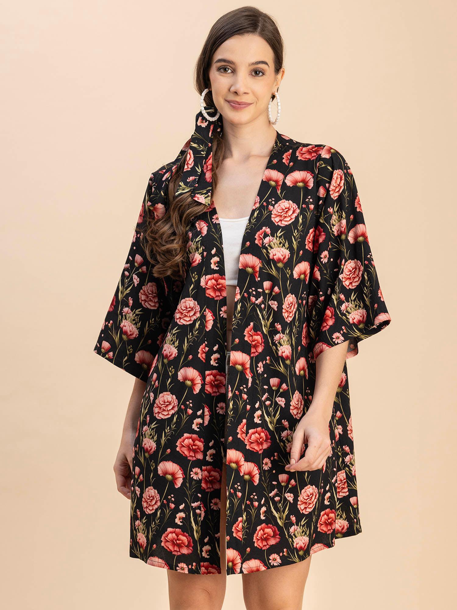 women comfortable fit rayon floral black shrug