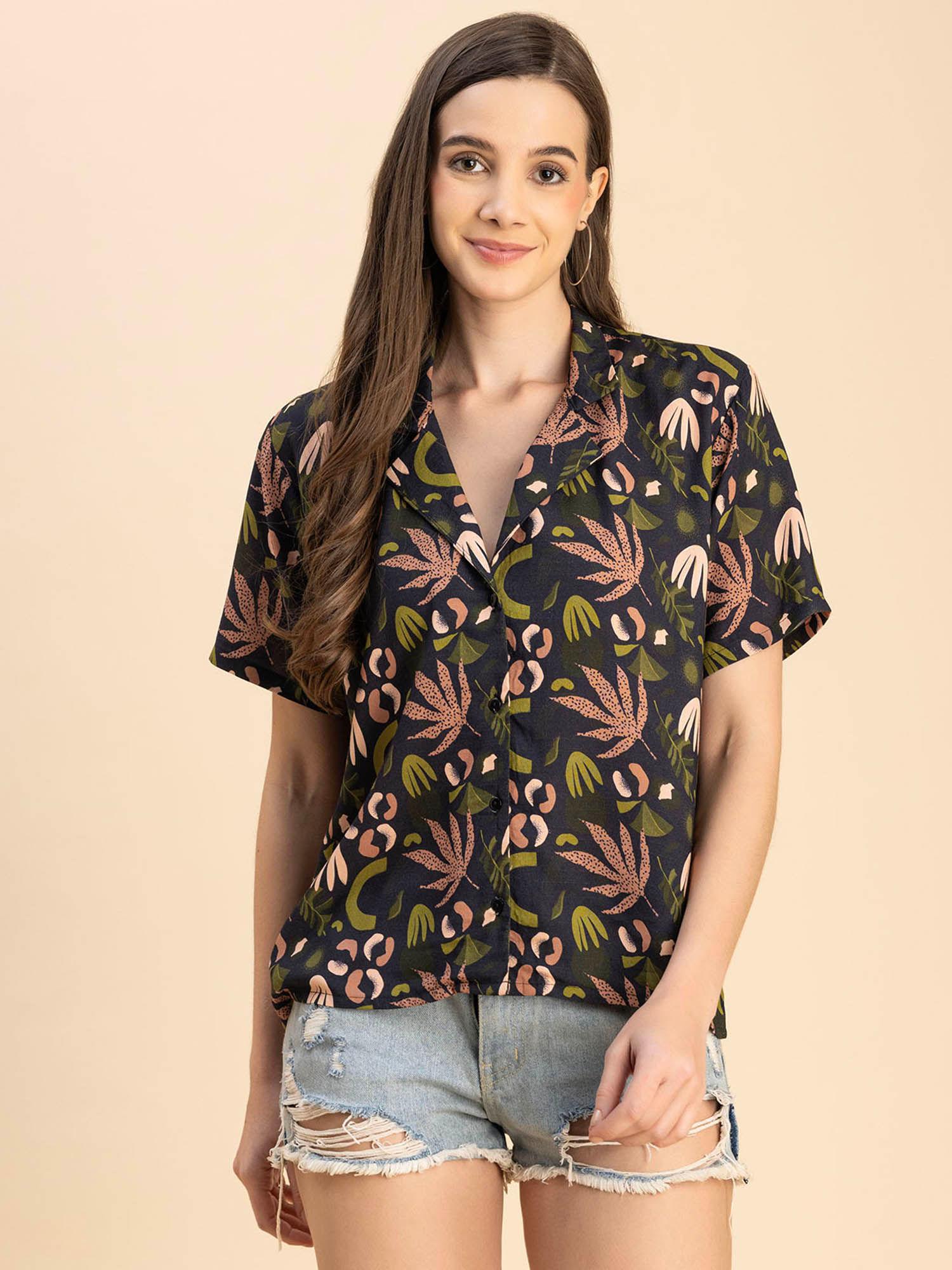 women comfortable fit rayon floral navy blue shirt