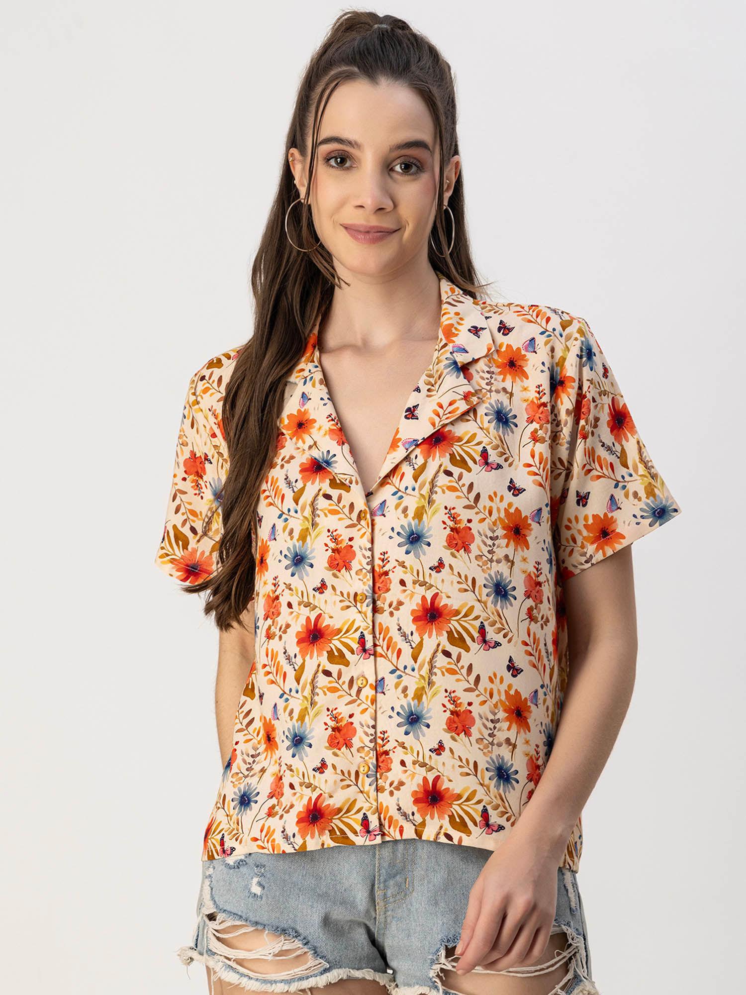 women comfortable fit rayon floral orange shirt