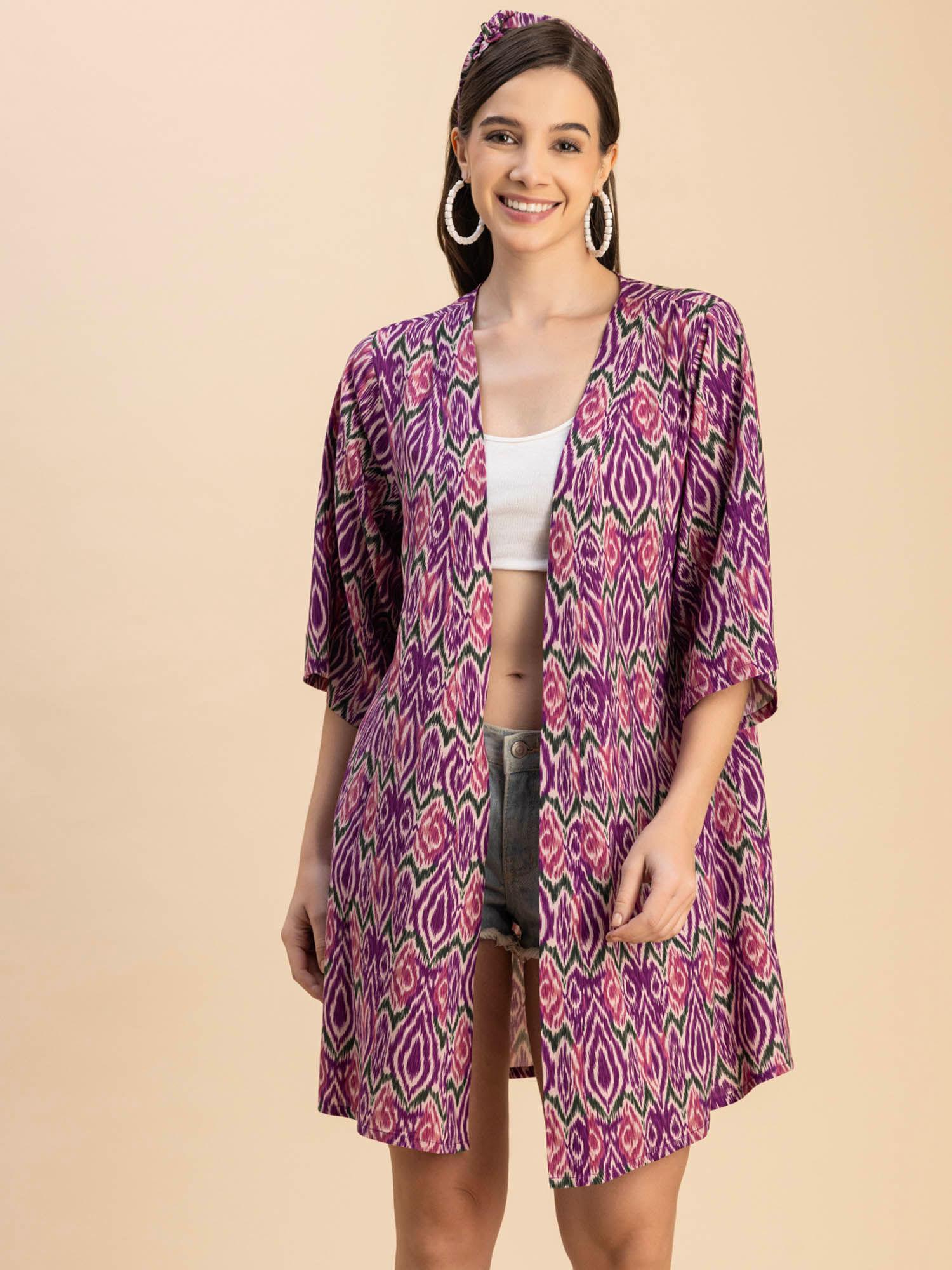 women comfortable fit rayon printed purple shrug