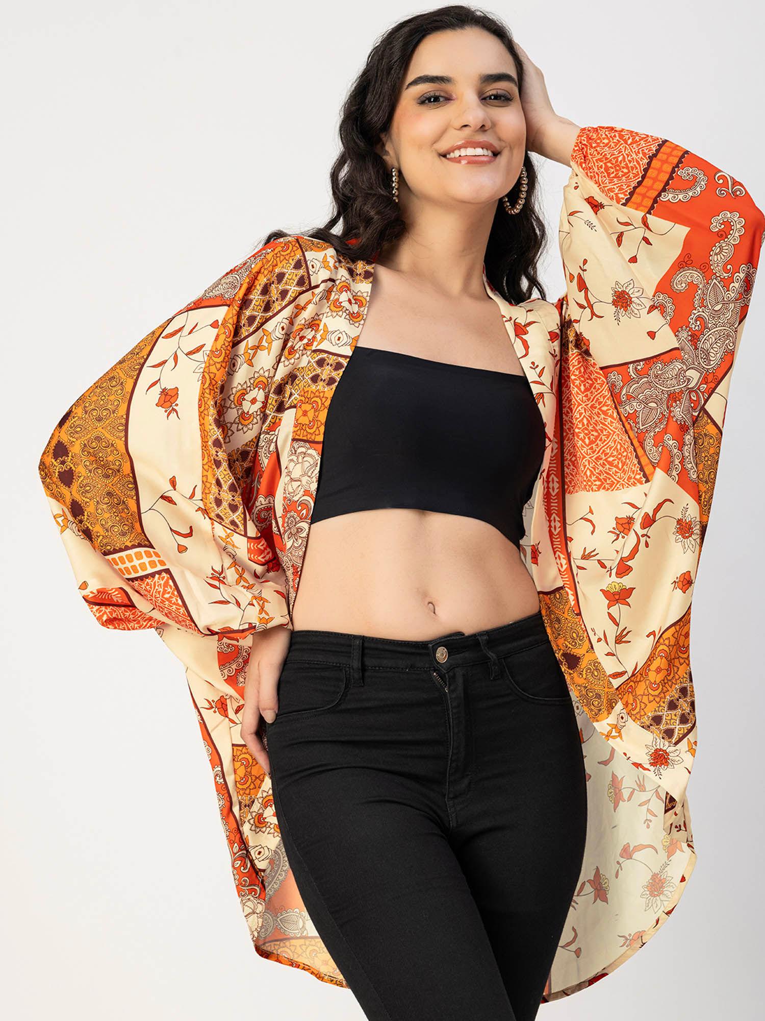 women comfortable fit satin floral orange shrug