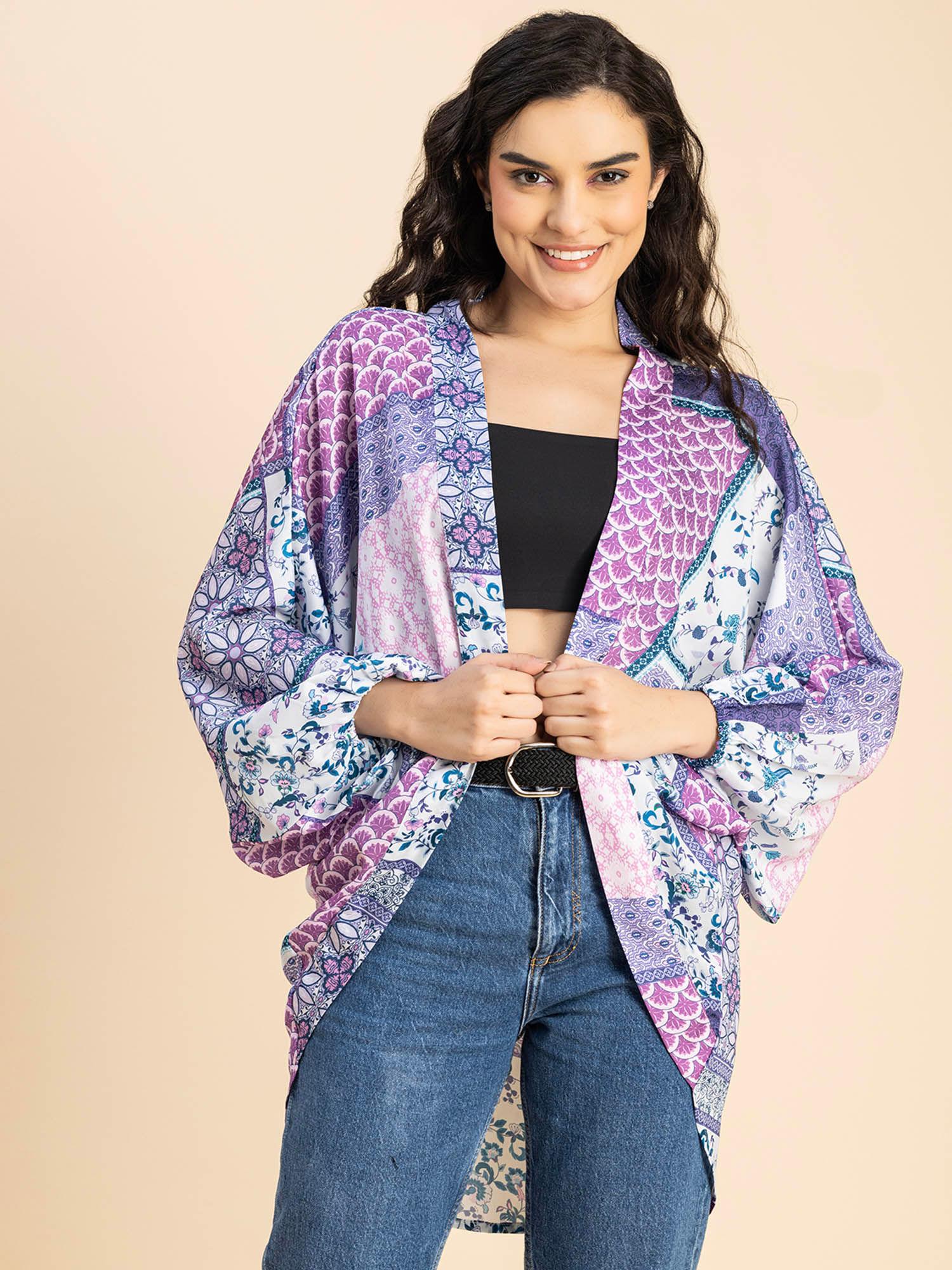 women comfortable fit satin floral purple shrug