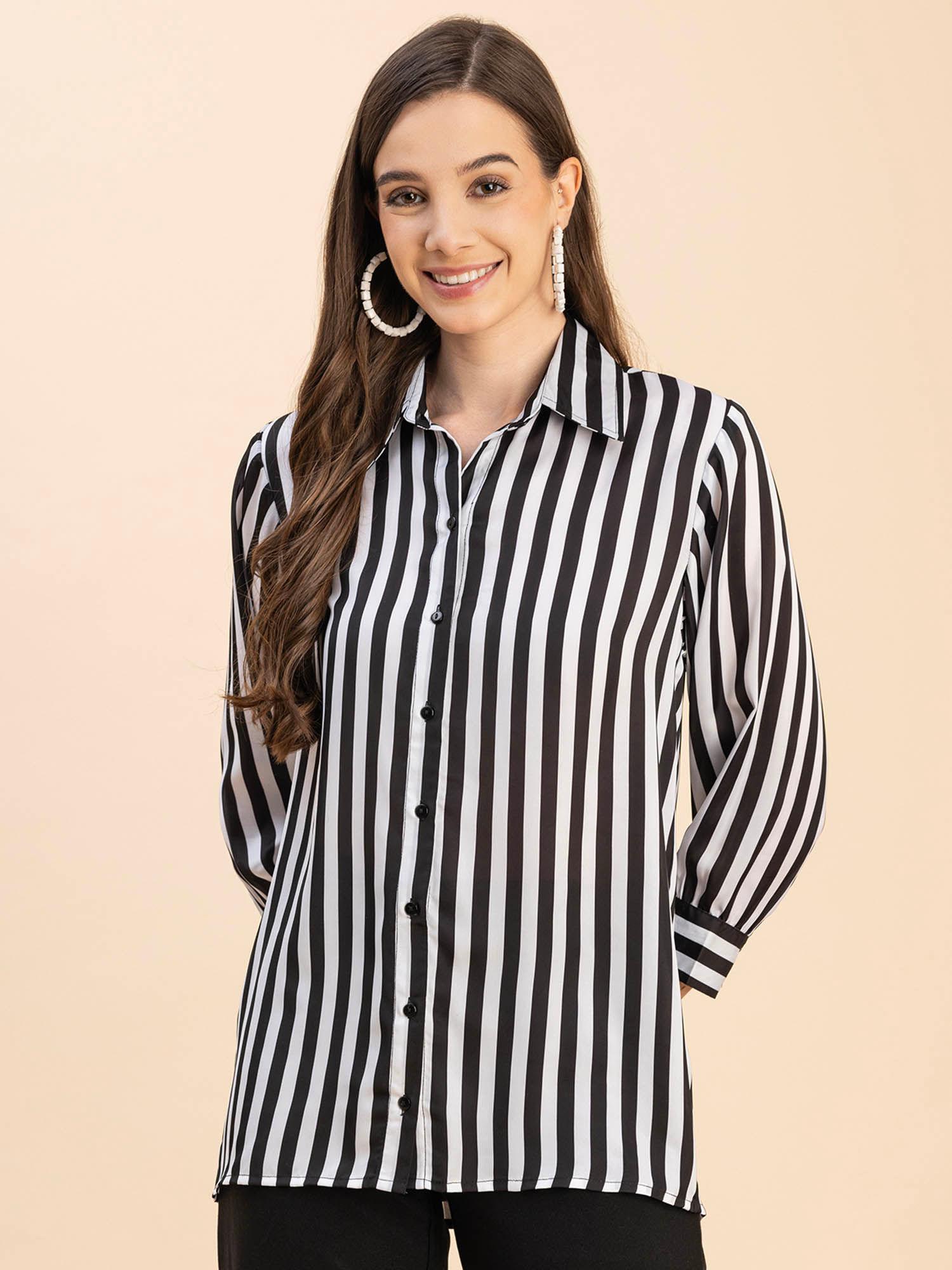 women comfortable fit satin stripes multi-color shirt