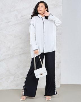 women contrast stitch oversized shirt with pants