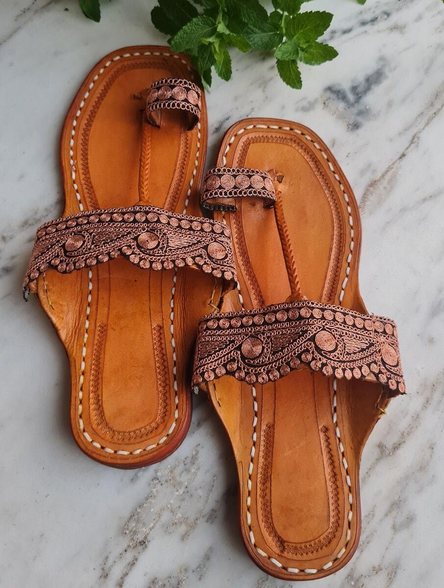 women copper leather embroidered one toe flats kolhapuris
