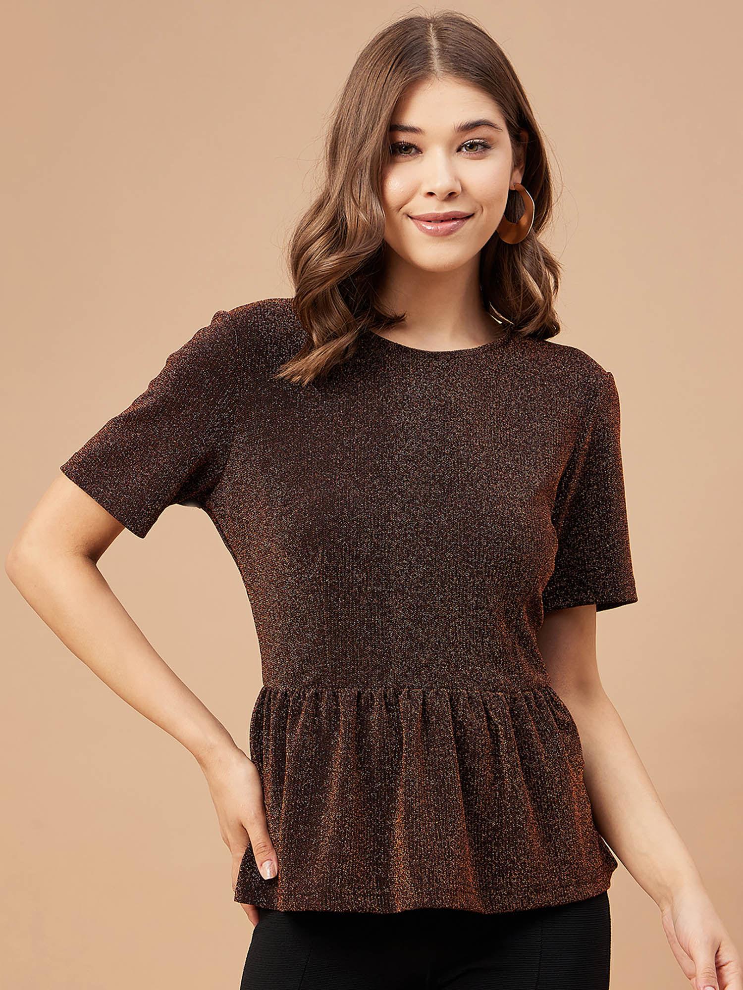 women copper solid polyester bishop sleeve collar neck top