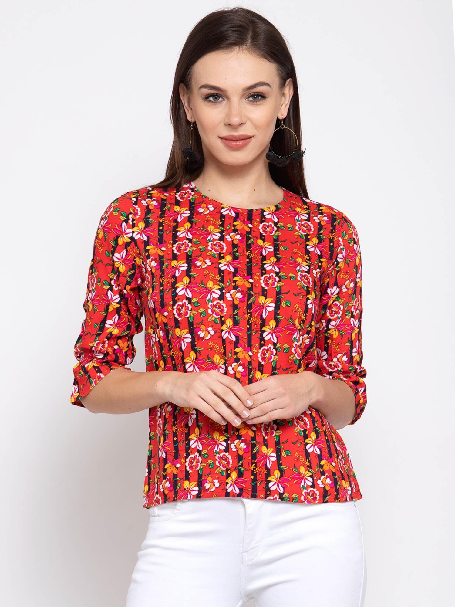 women coral and multi floral printed rayon smart casual top