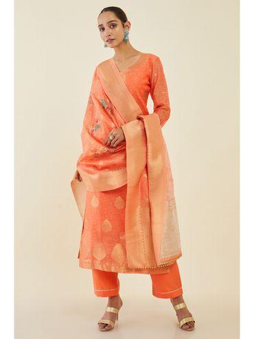 women coral chanderi printed dress material (set of 3)