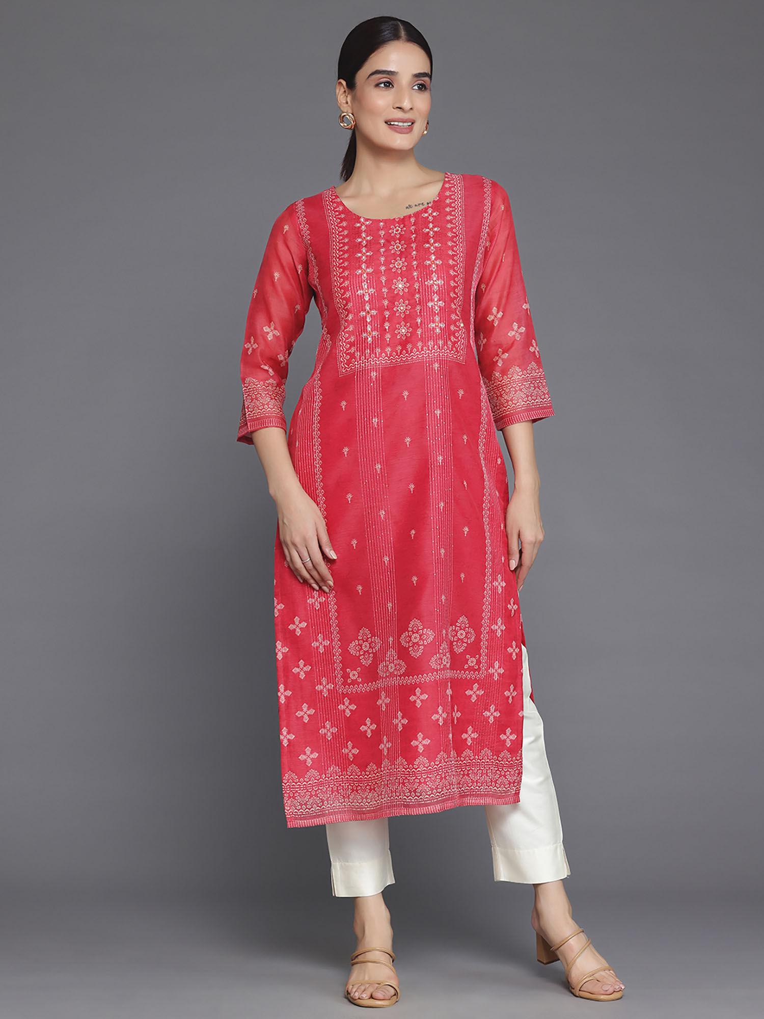 women coral chanderi silk kurta with lining and yoke with embellished design