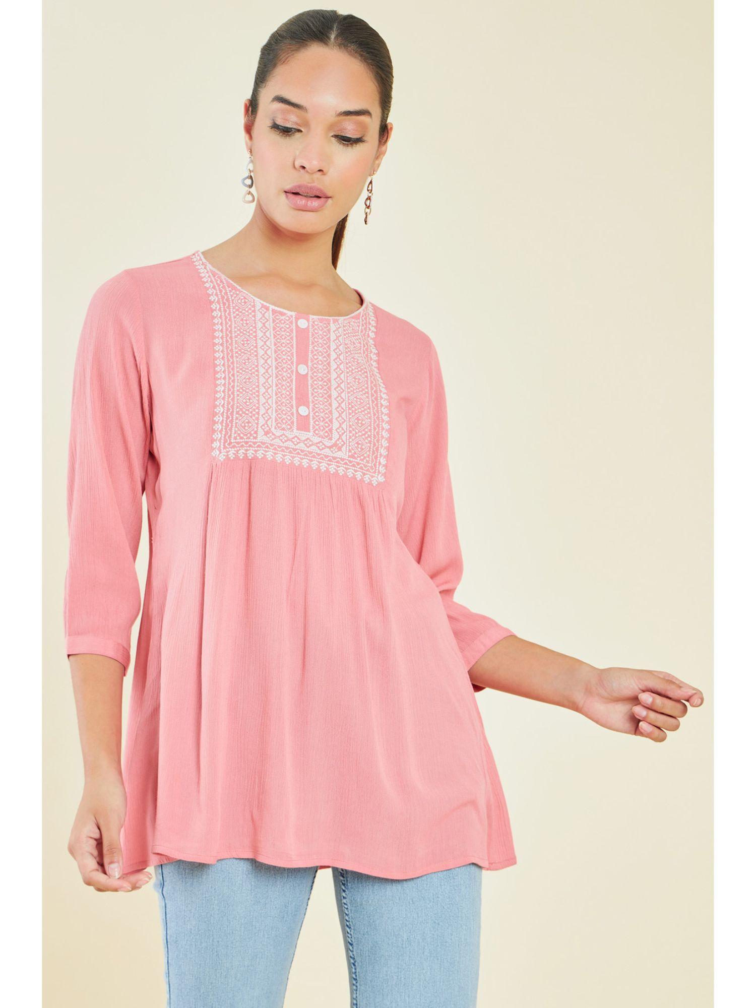 women coral crepe embroidered tunic