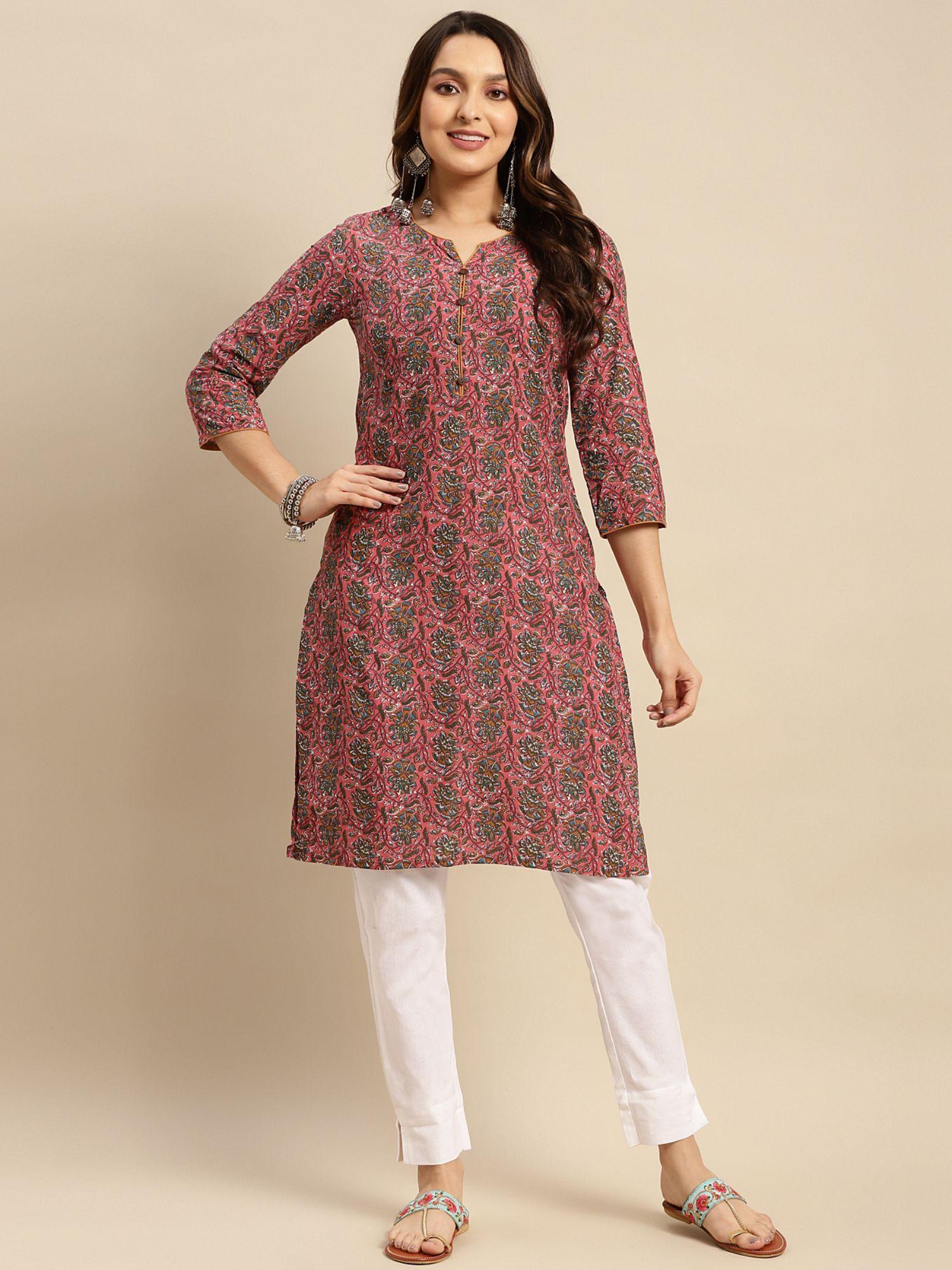 women coral floral printed knee length straight kurta