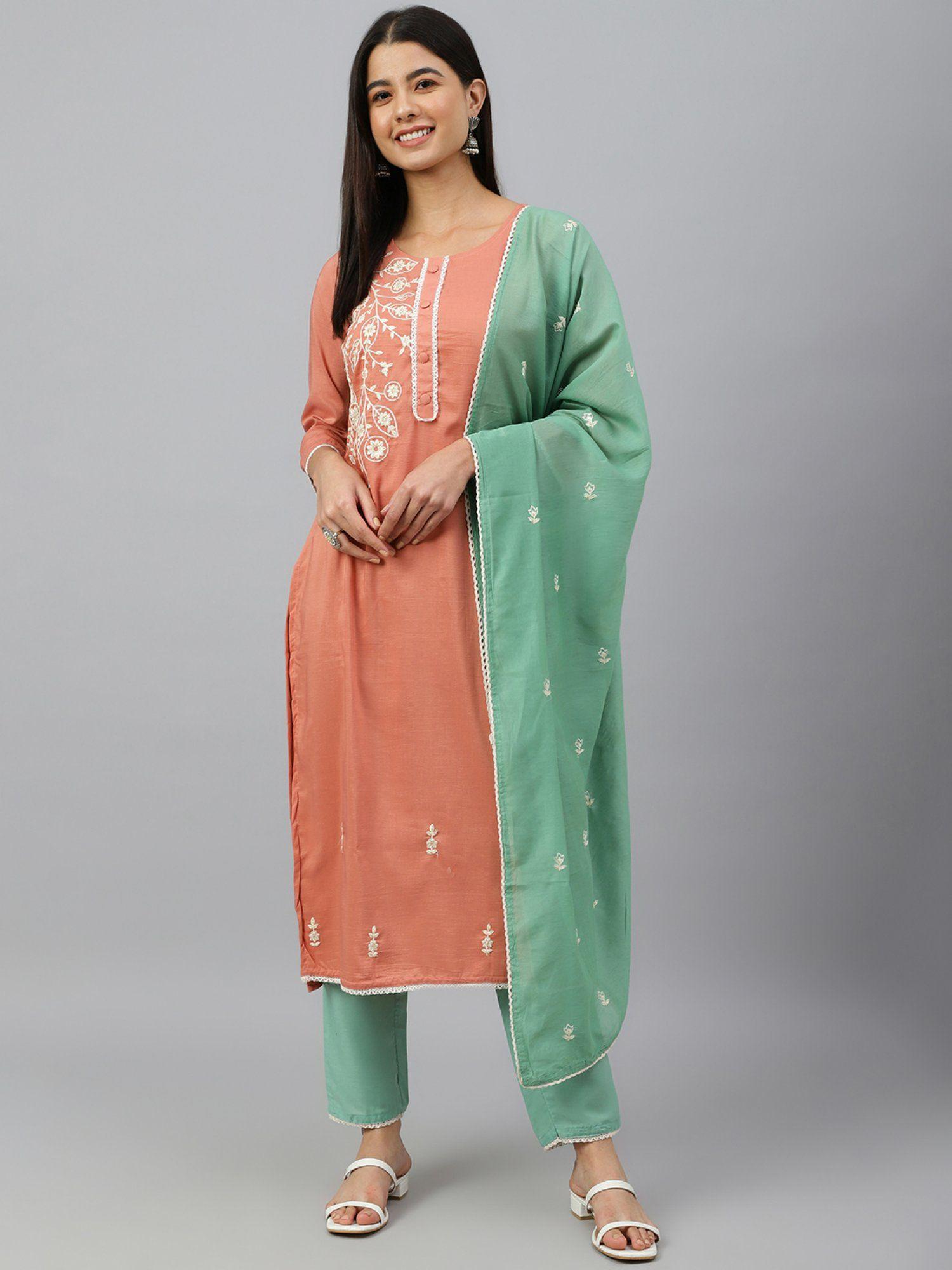 women coral green poly silk embroidery kurta pants and dupatta (set of 3)