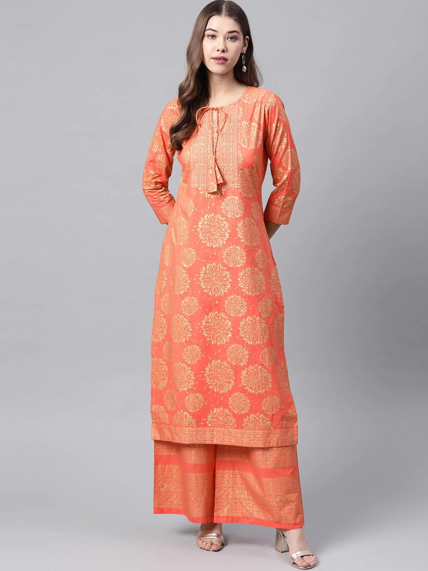 women coral orange & golden printed pure cotton kurta with palazzo (set of 2)