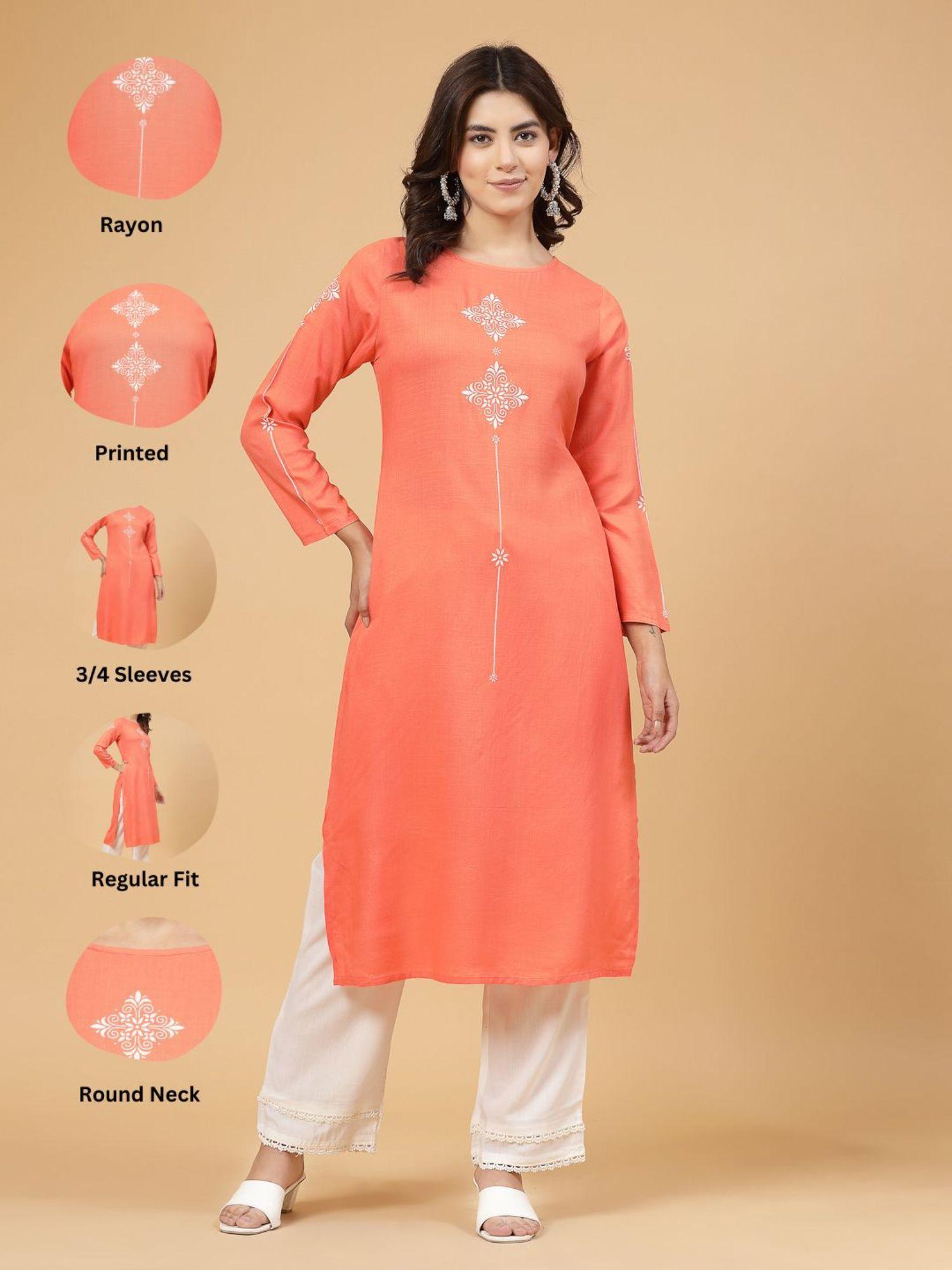 women coral pink printed straight kurta