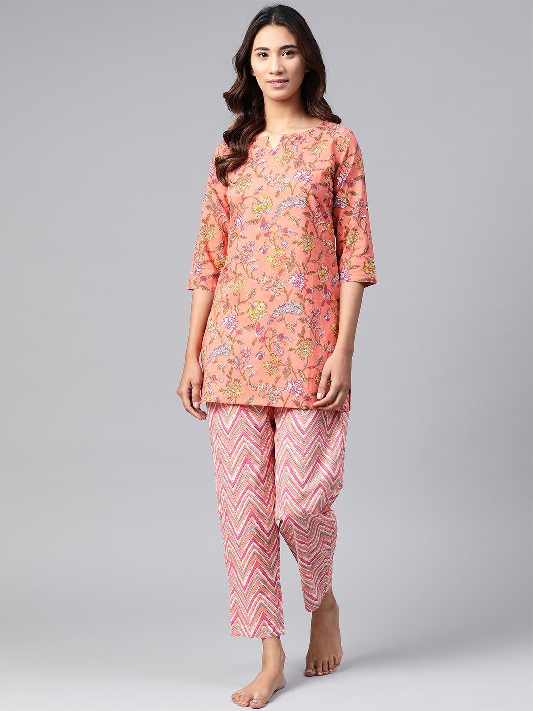 women coral pink yellow pure cotton printed night suit (set of 2)