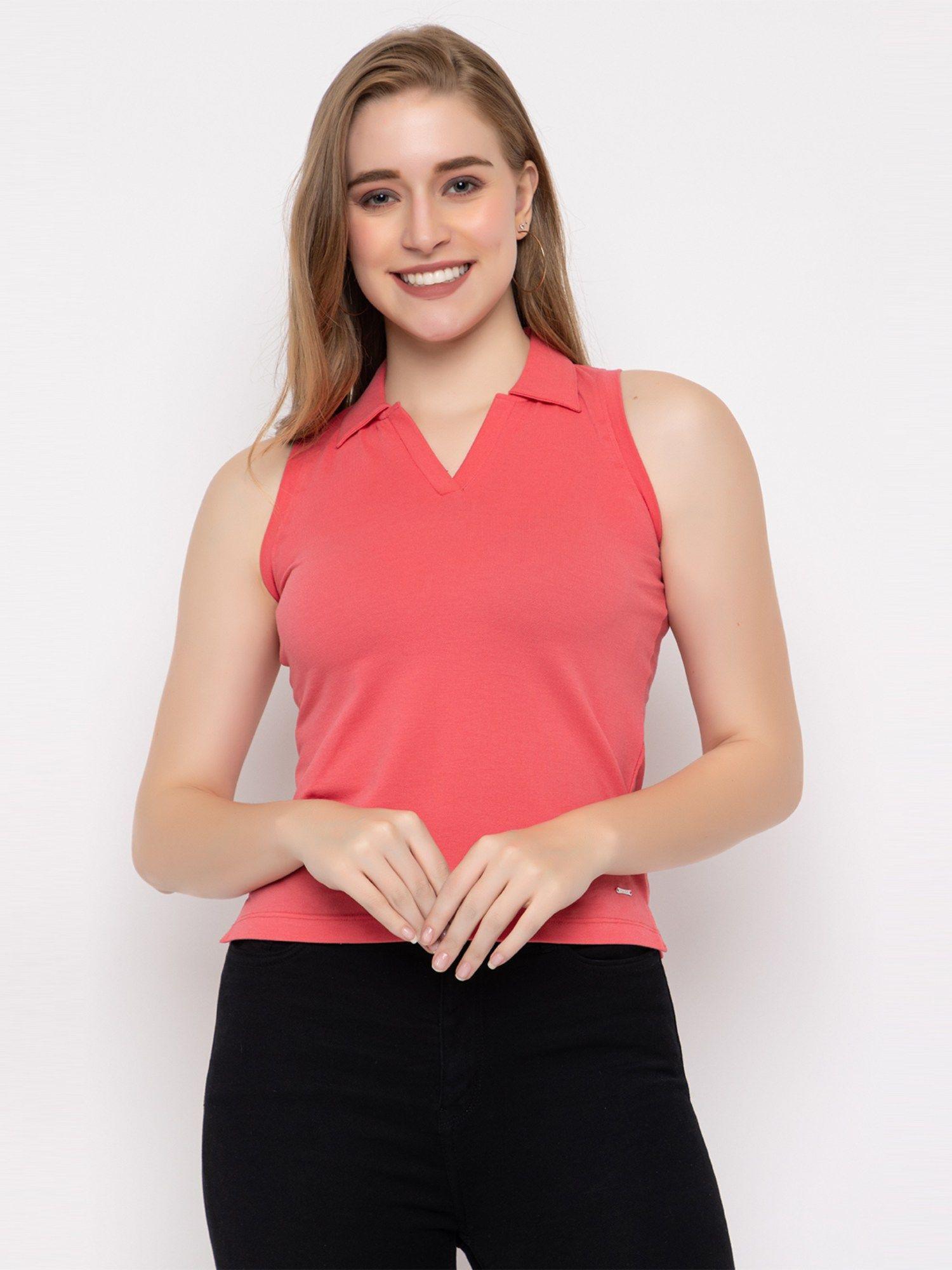 women coral polo collar sleeveless t-shirt