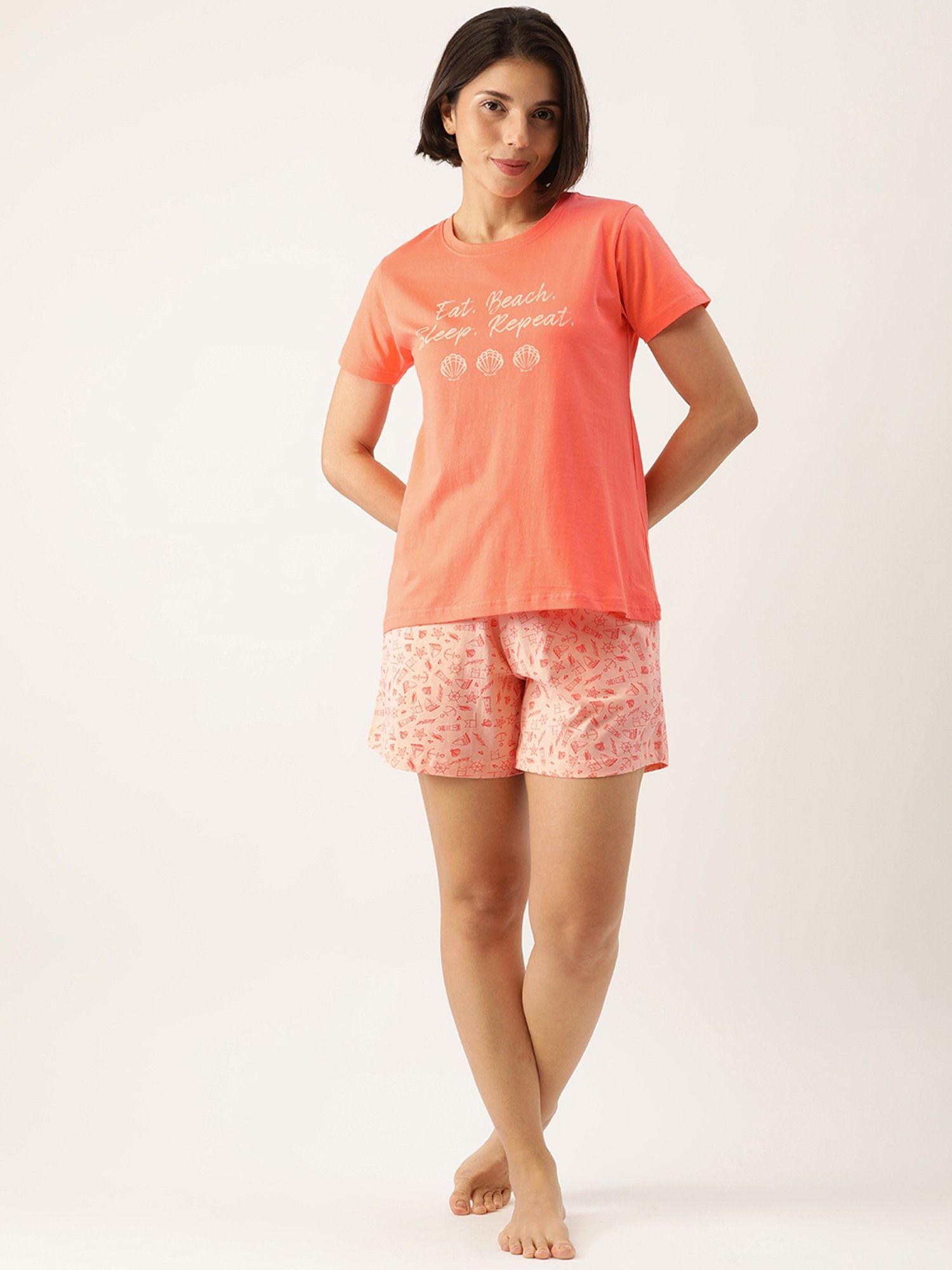 women coral printed t-shirt and short (set of 2)