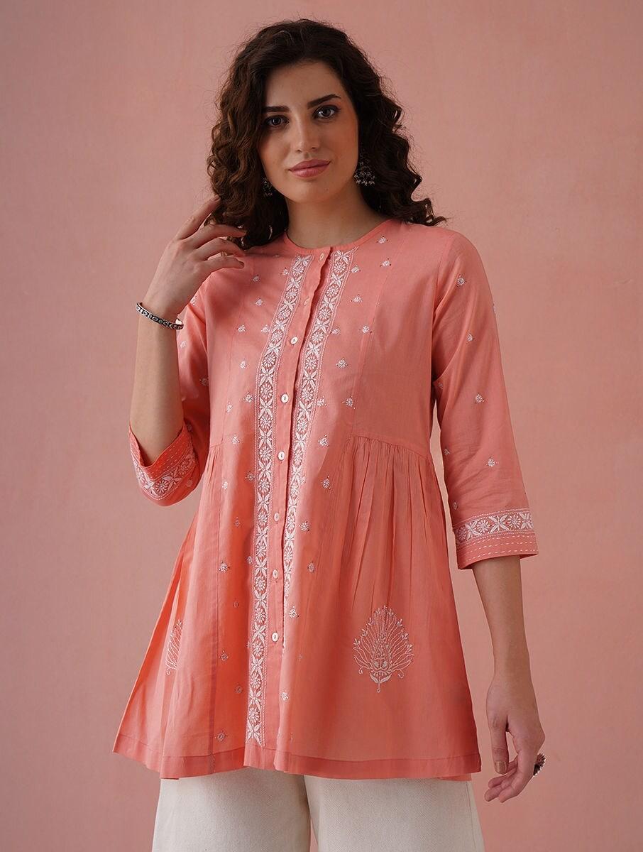 women coral red cotton embroidered round neck regular fit tunics