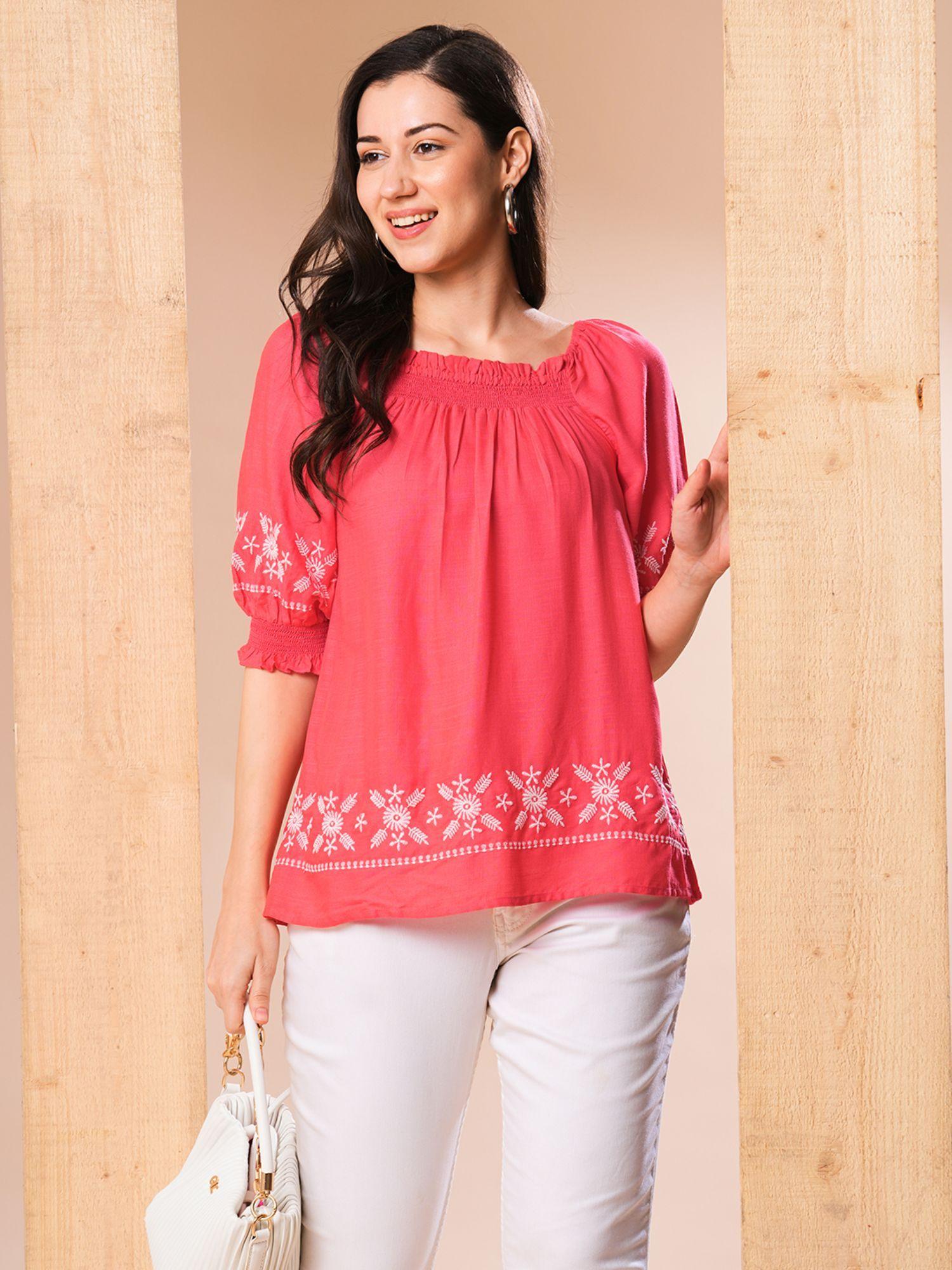 women coral smocked square neck puff sleeves embroidered tunic