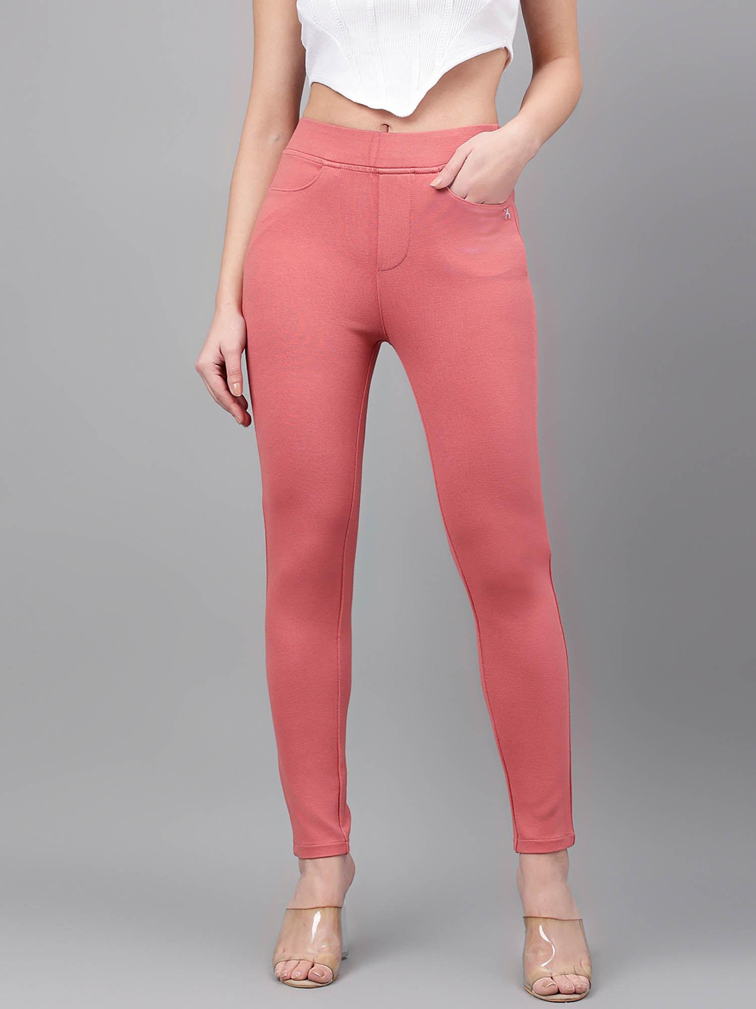 women coral solid flexible slim fit trouser