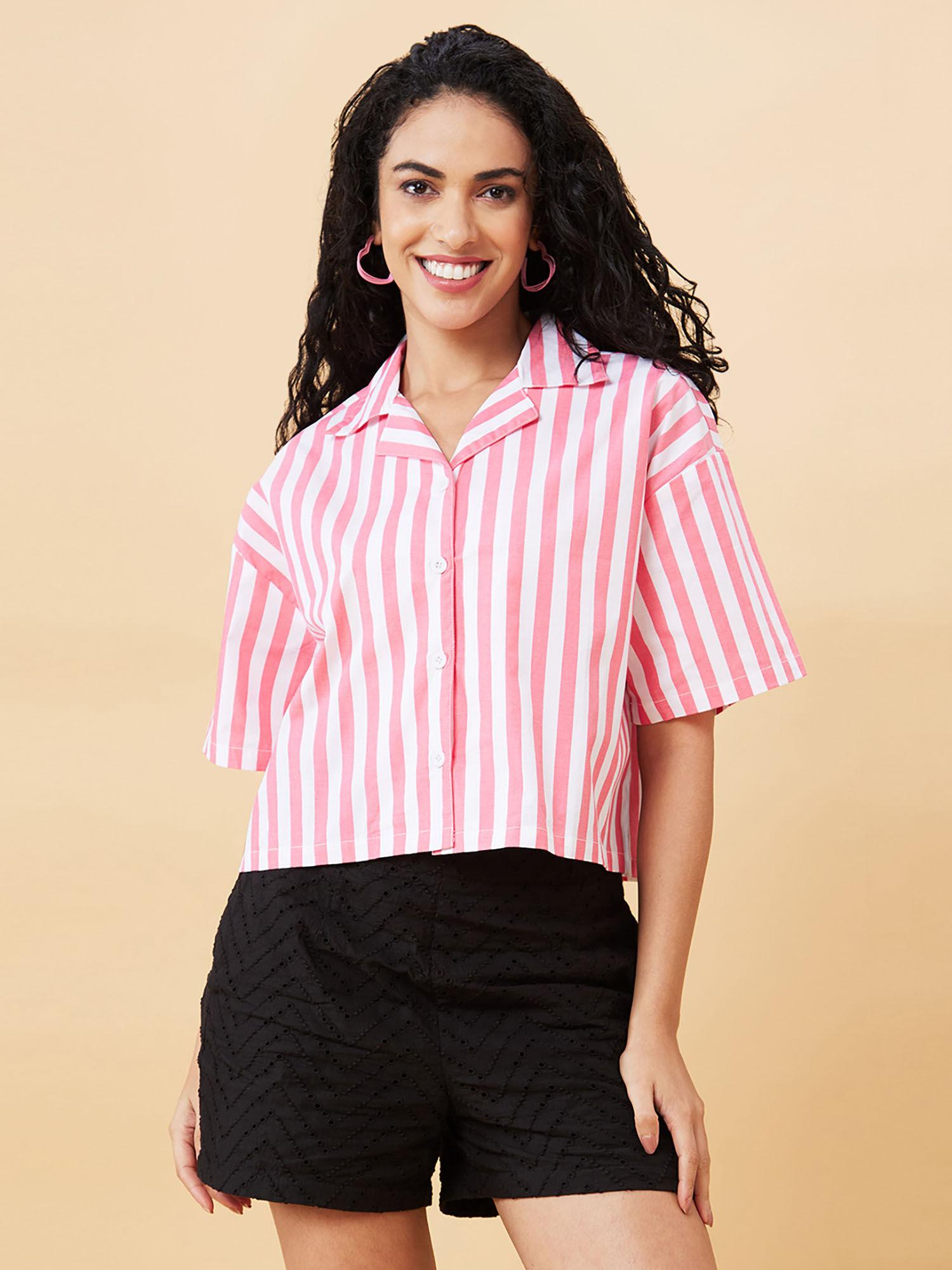 women coral striped shirt style casual top