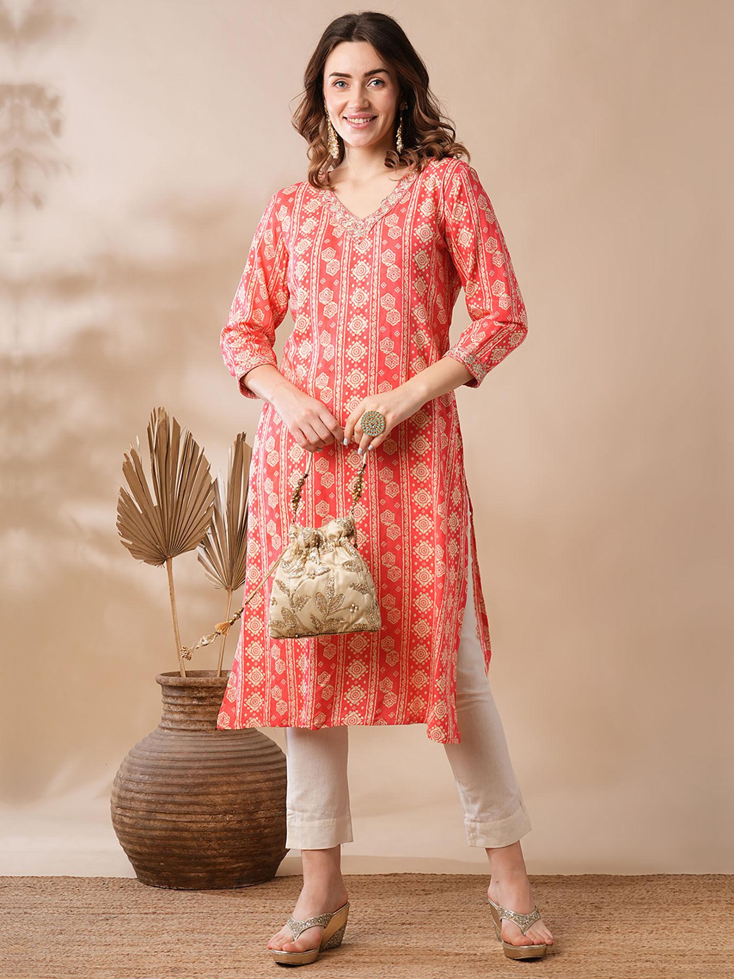 women coral v-neck gold foil printed straight kurta