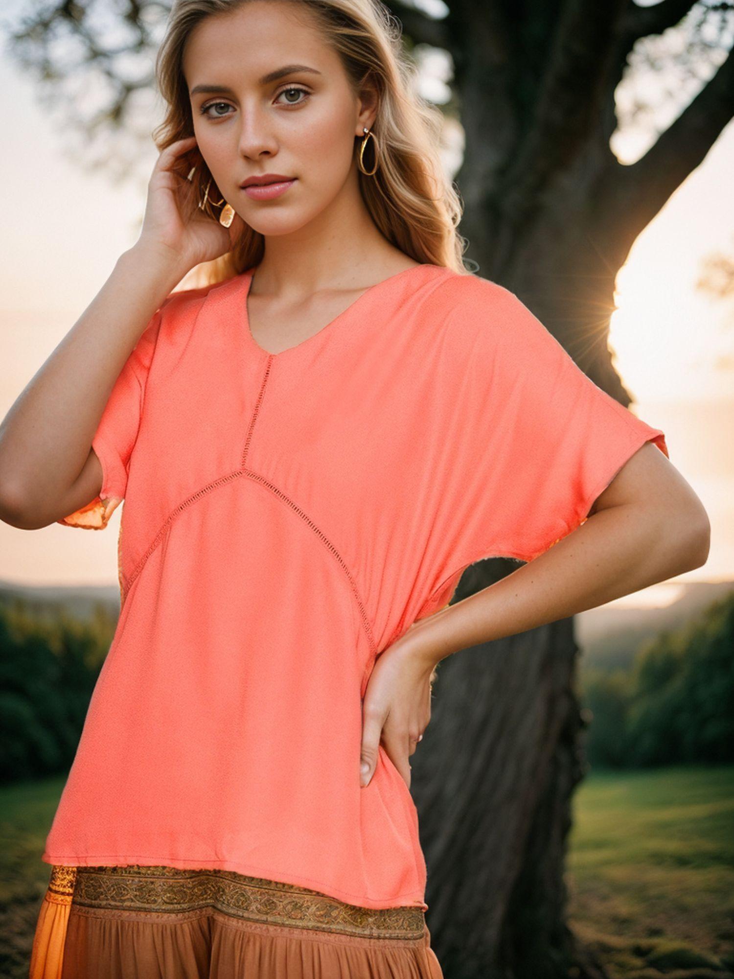 women coral v-neck solid top