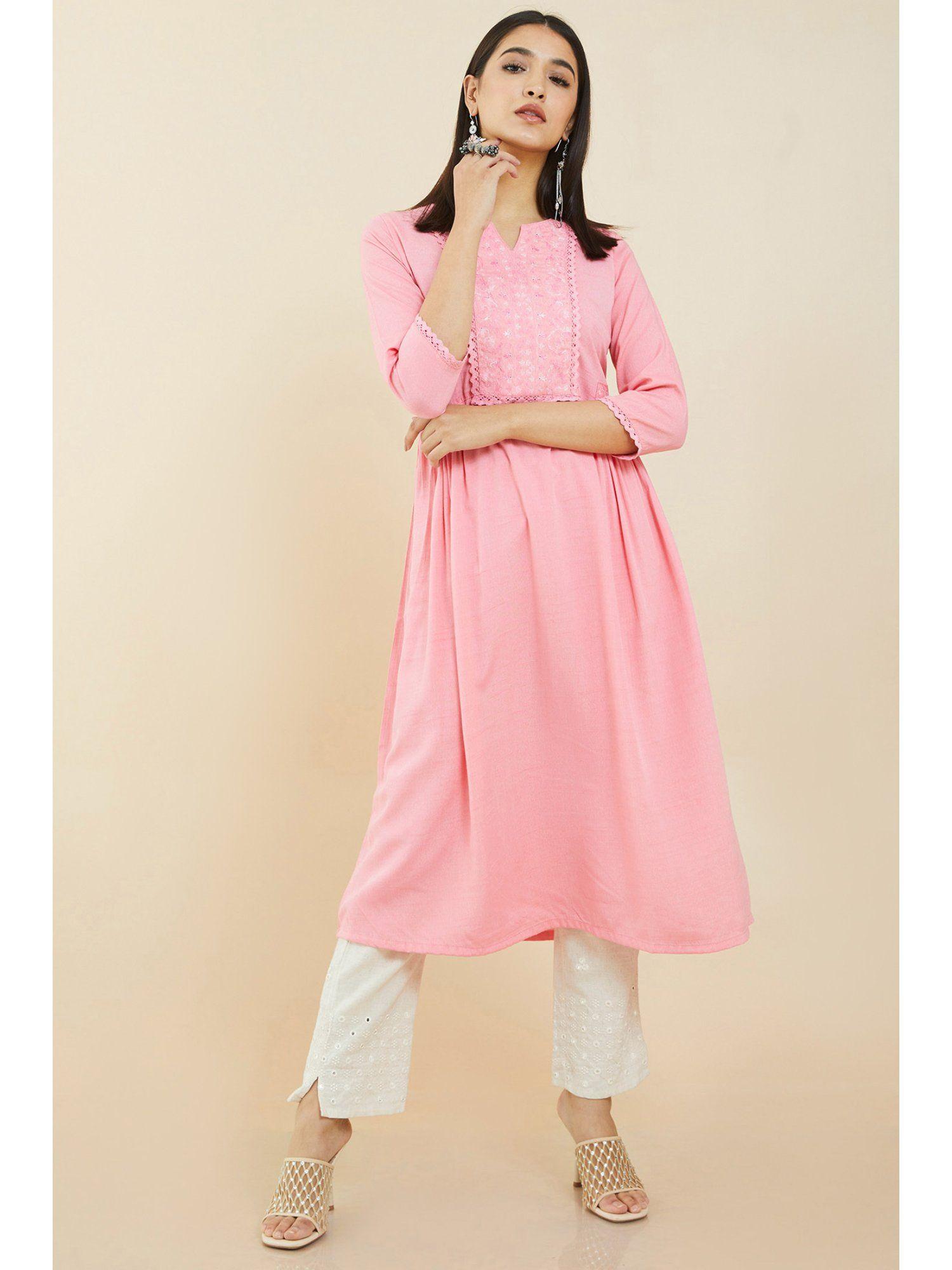 women coral viscose embroidered kurta