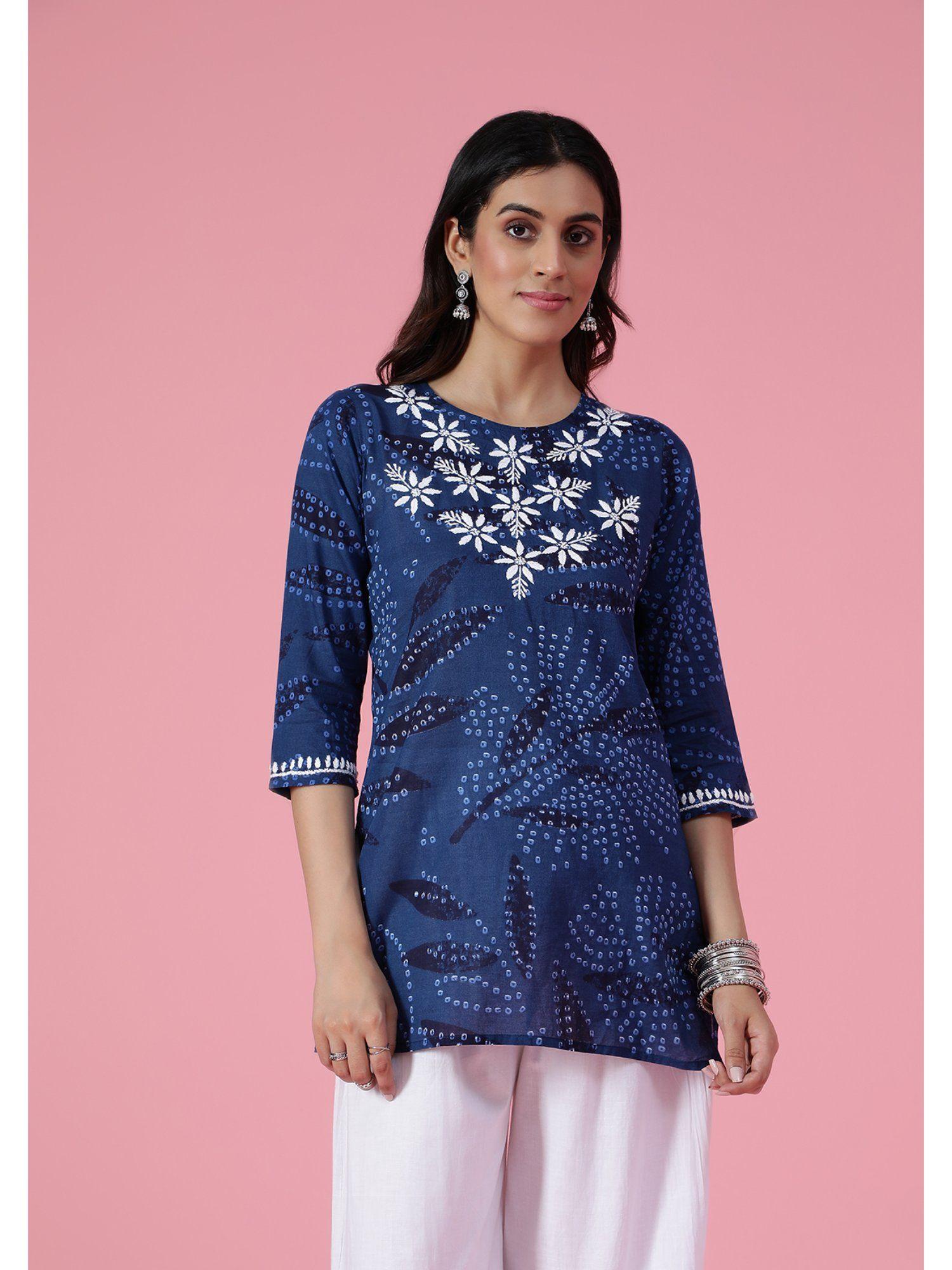 women cotton bandhani printed embroidered navy blue kurti