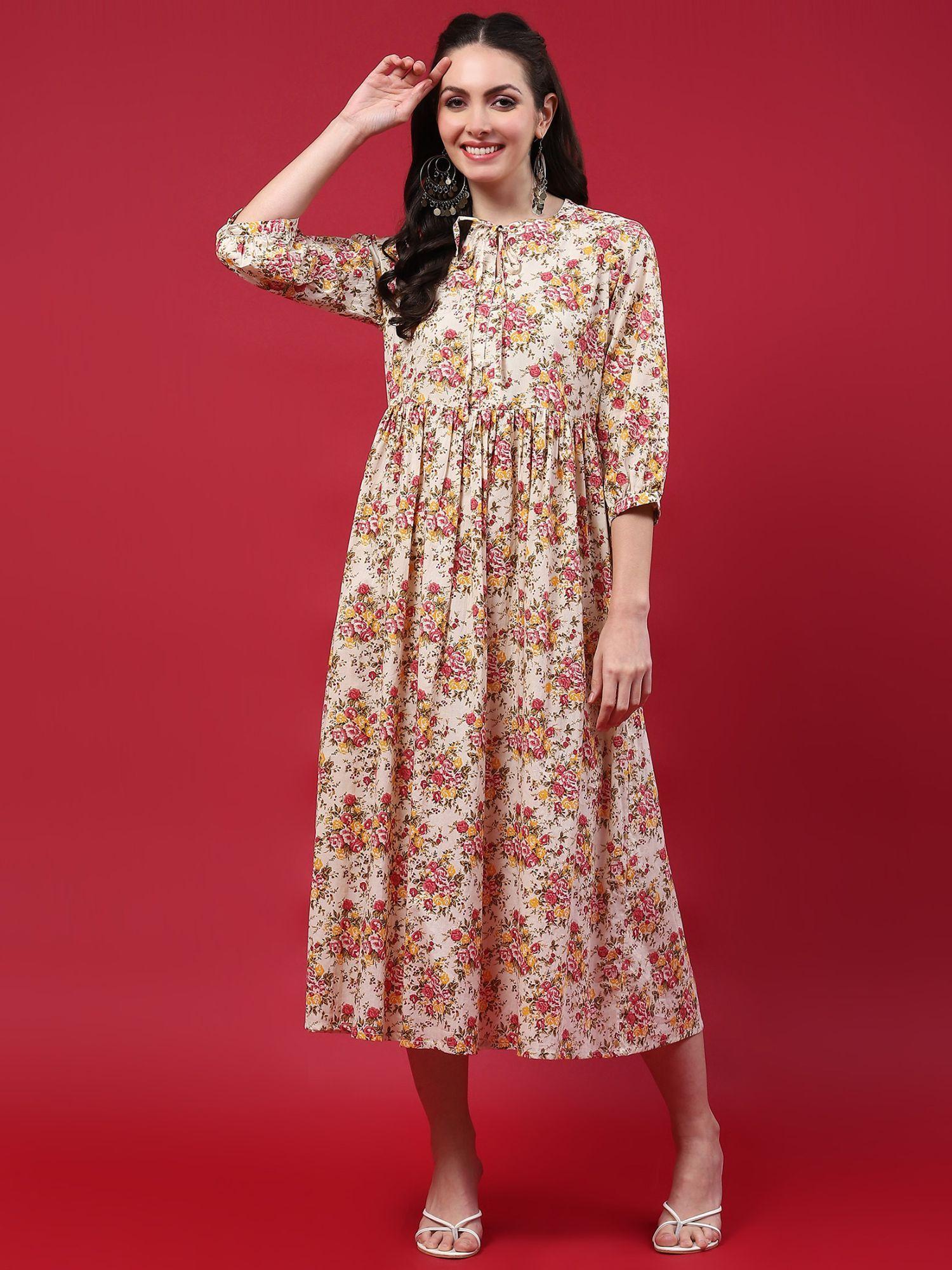 women cotton beige floral print midi dress