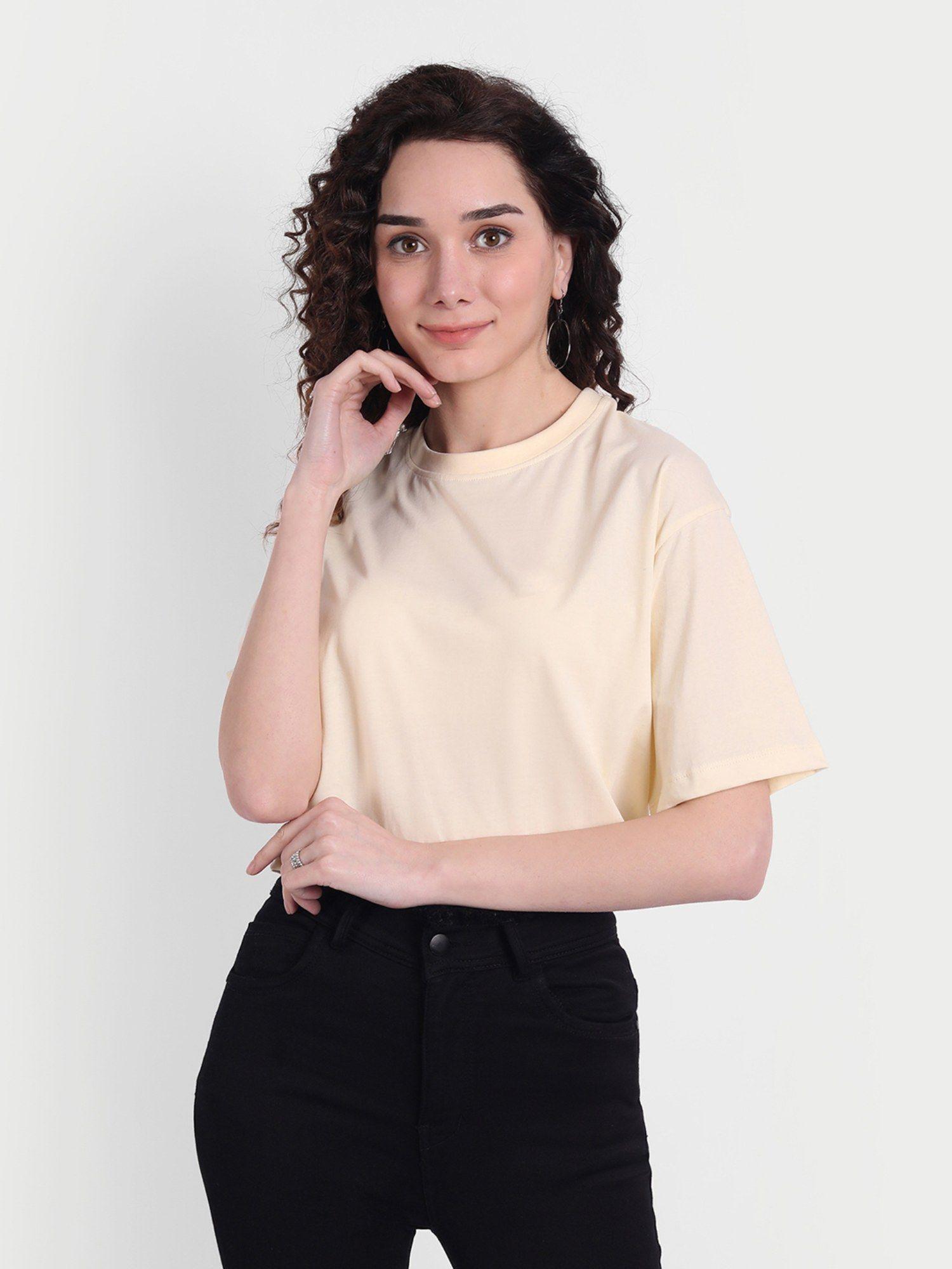 women cotton beige solid cropped t-shirt