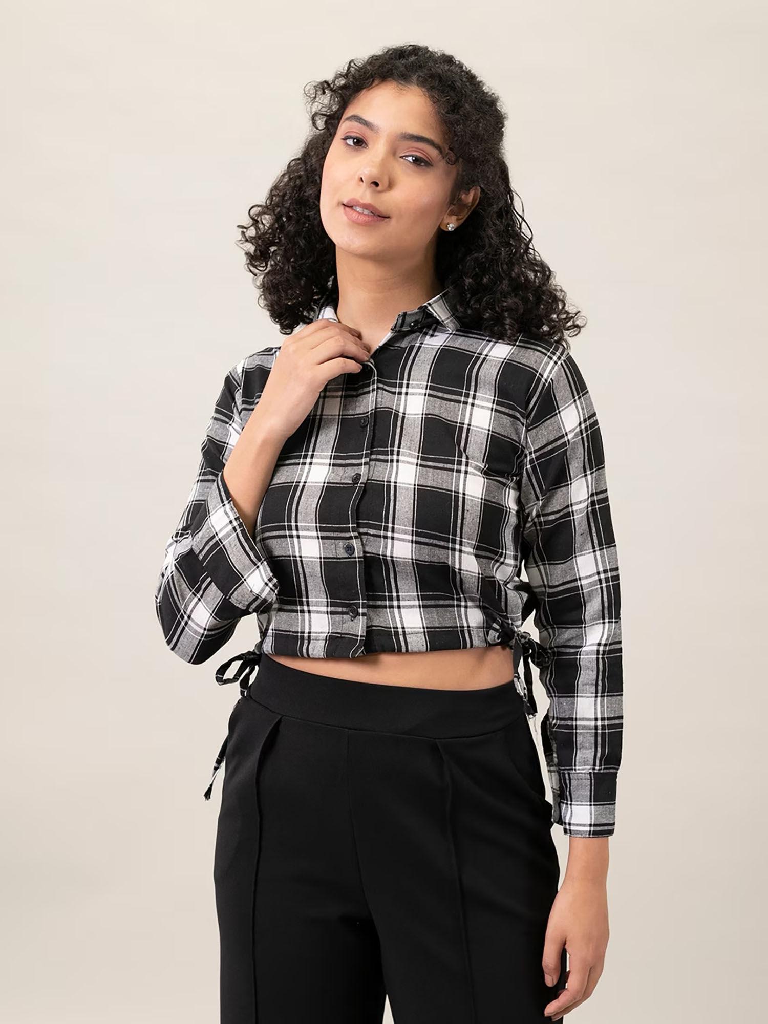 women cotton black checks crop shirt