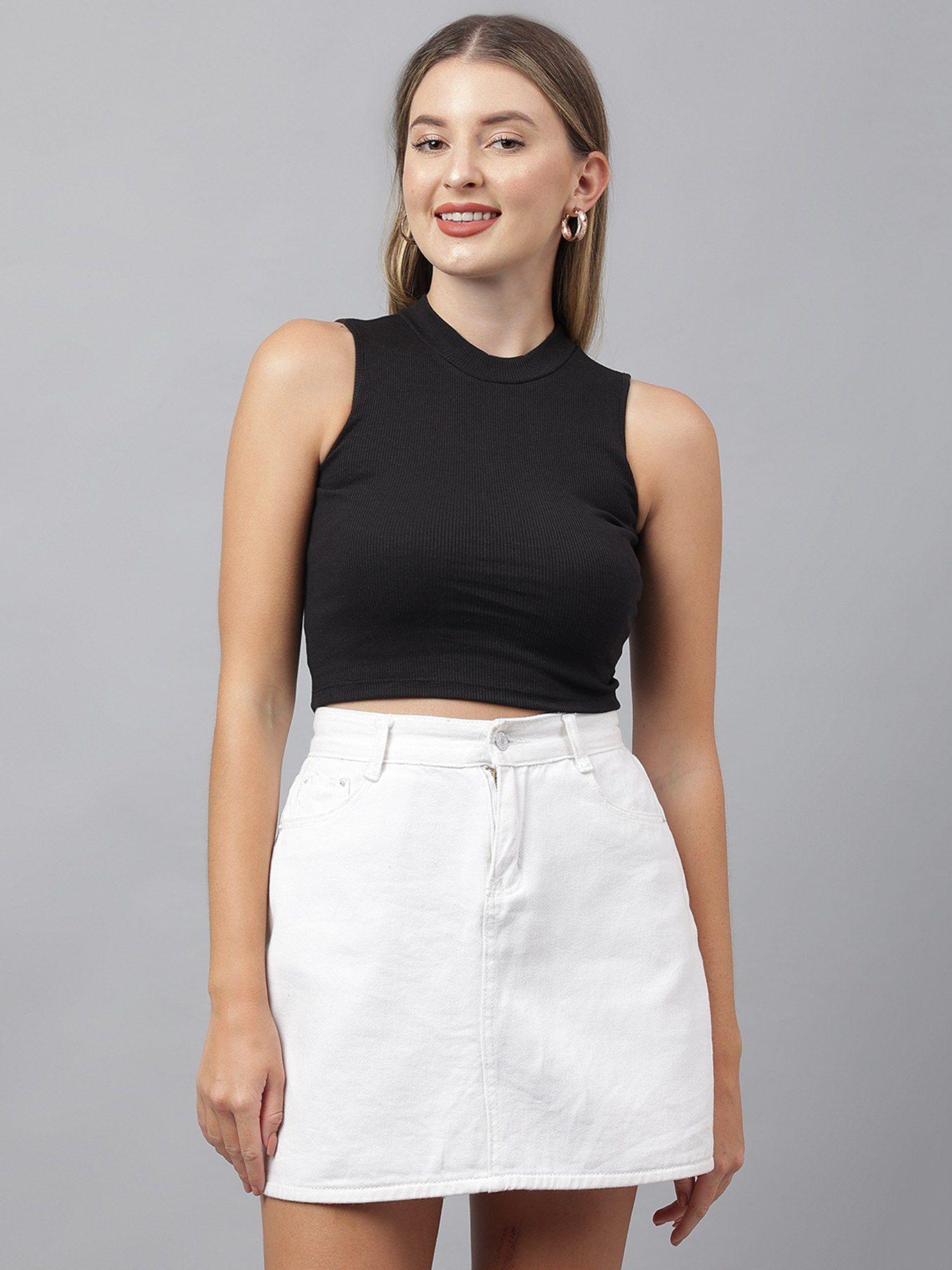 women cotton black solid crew neck crop top