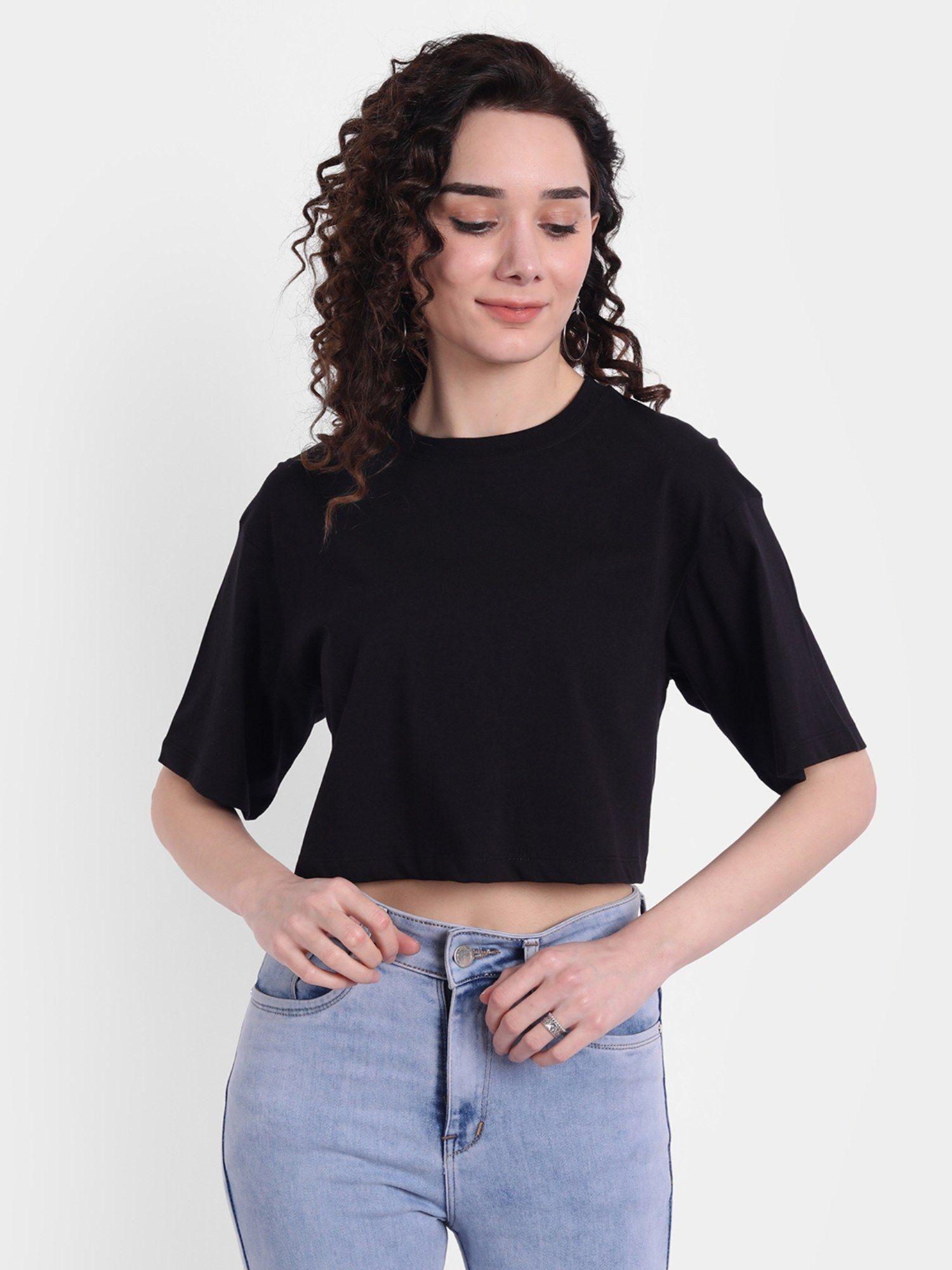 women cotton black solid cropped t-shirt