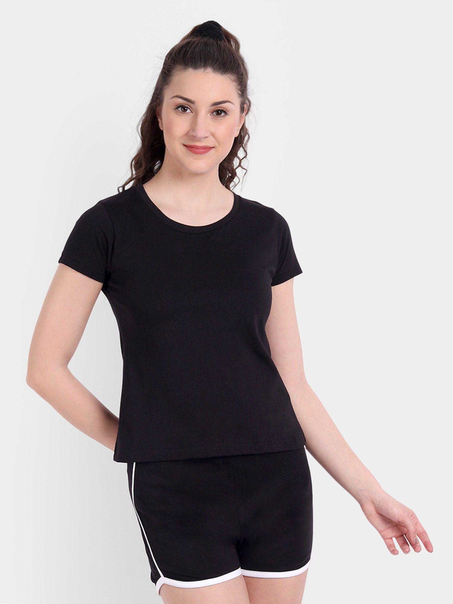 women cotton black solid t-shirt