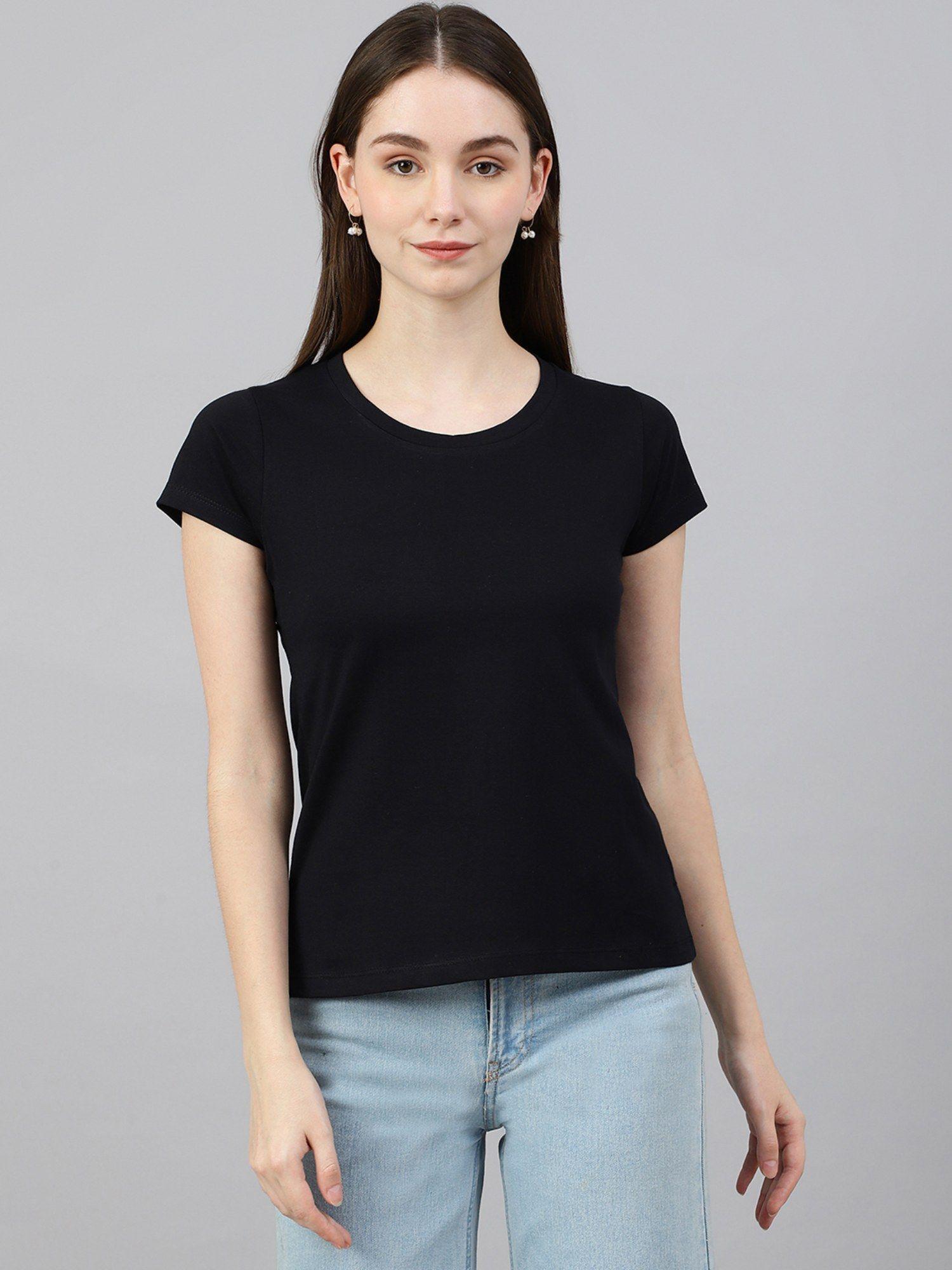 women cotton black solid t-shirt