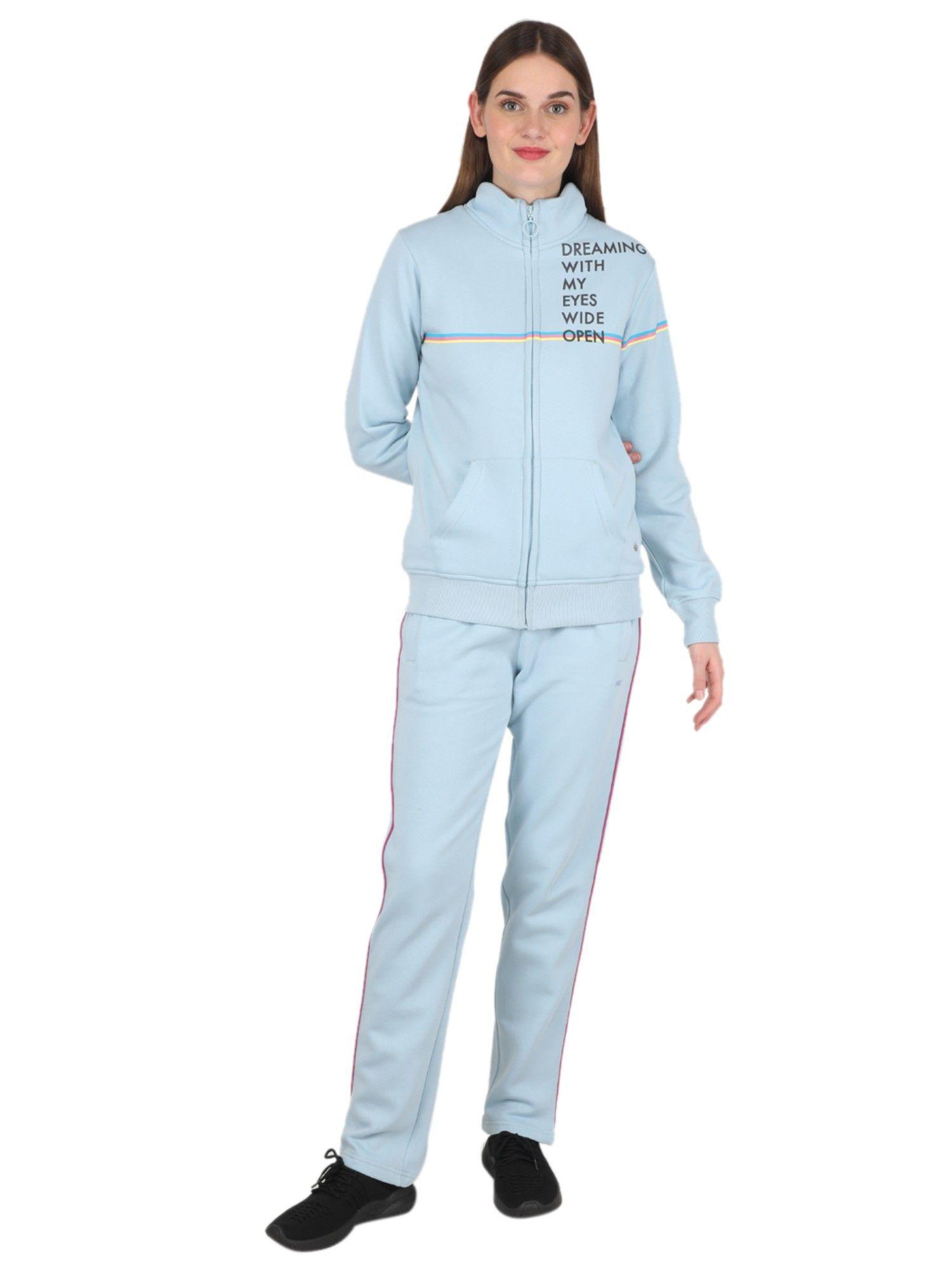 women cotton blend blue typography high neck tracksuit (set of 2)