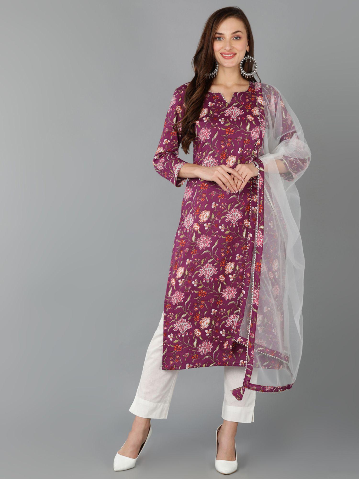 women cotton blend floral kurta trousers with dupatta (set of 3)