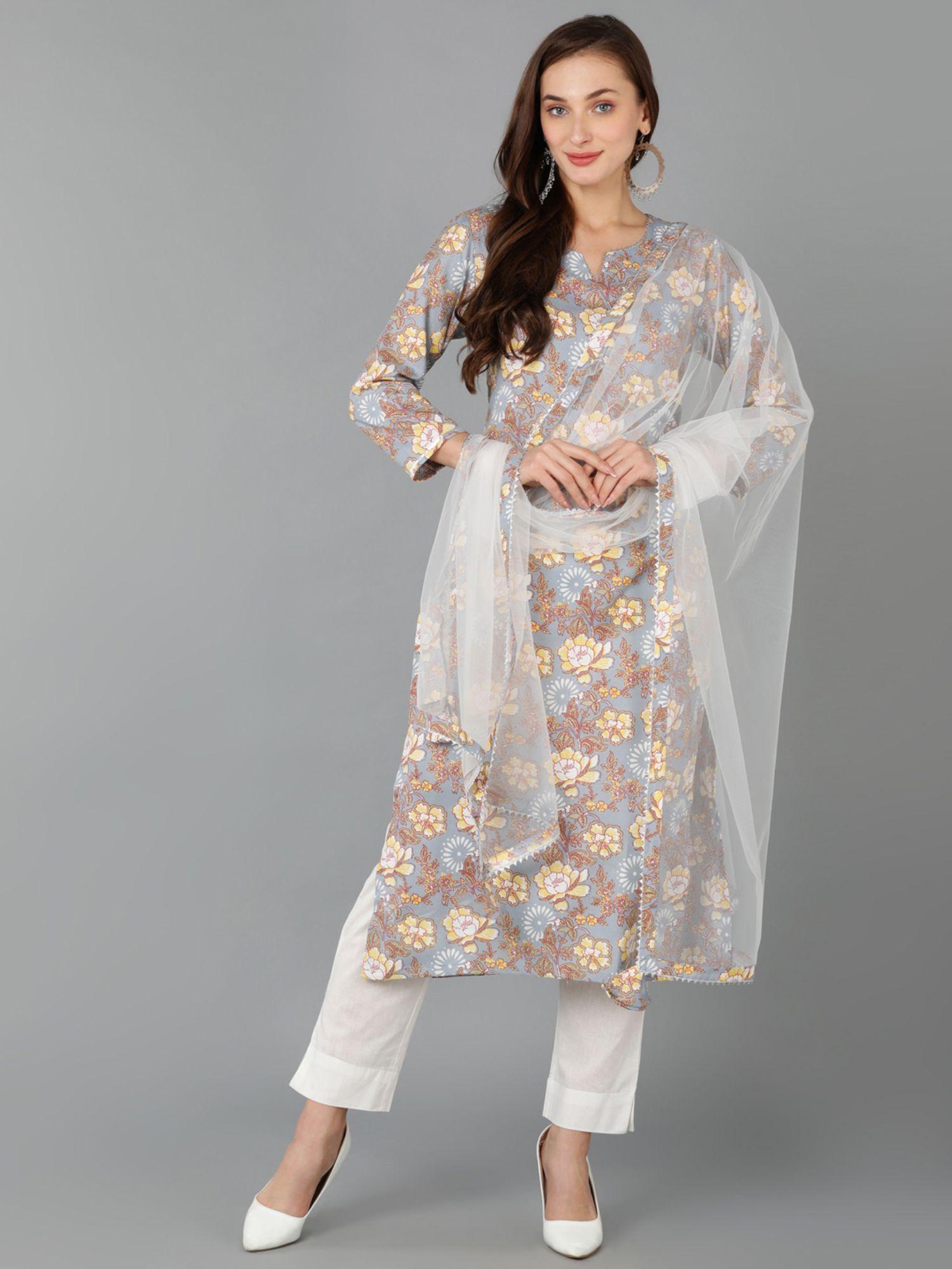 women cotton blend floral kurta trousers with dupatta (set of 3)