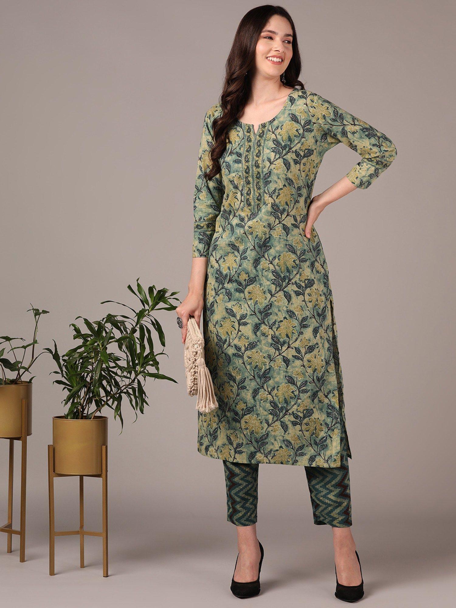 women cotton blend green floral printed straight kurta with pant (set of 2)