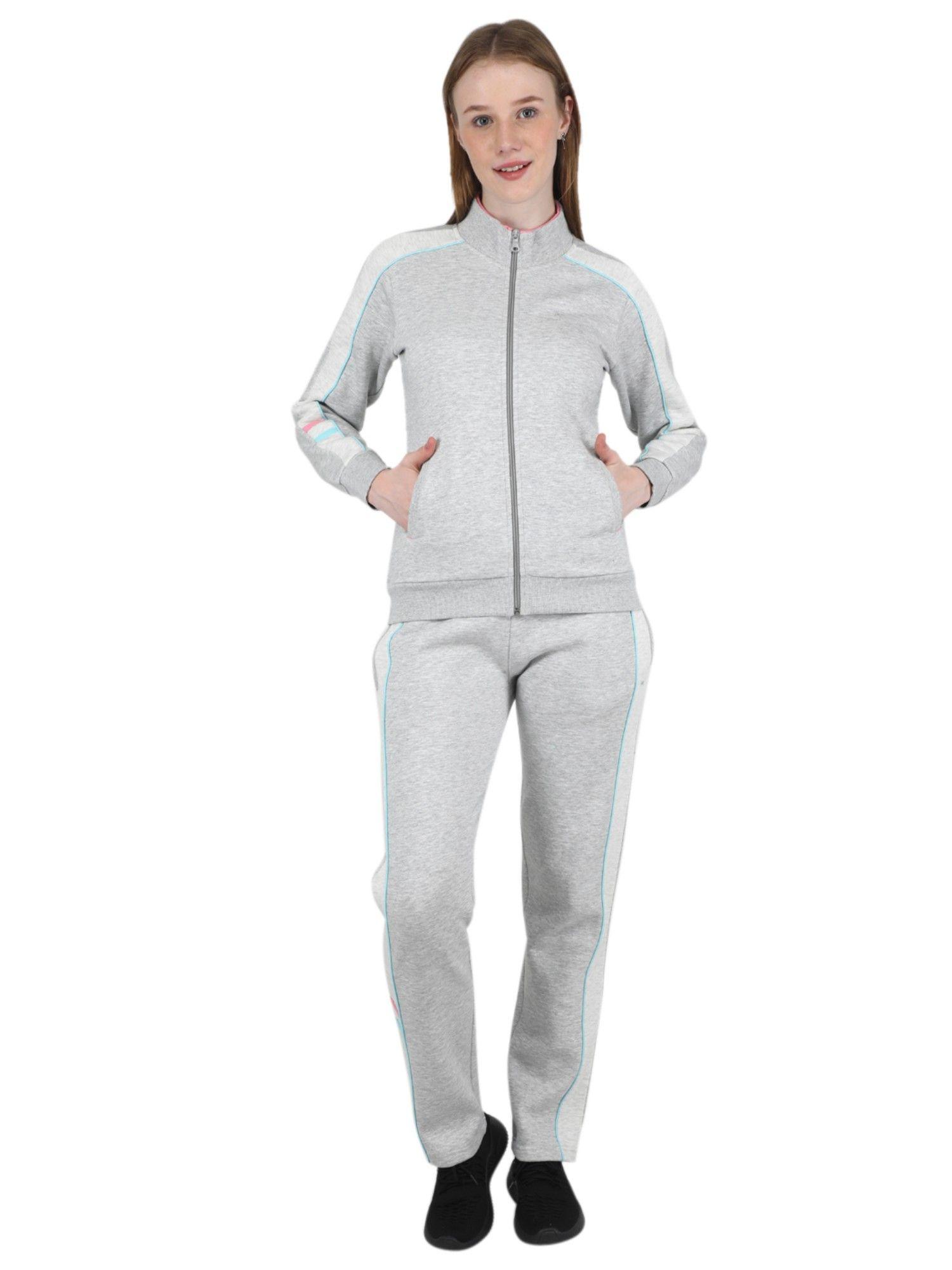 women cotton blend grey high neck tracksuit (set of 2)