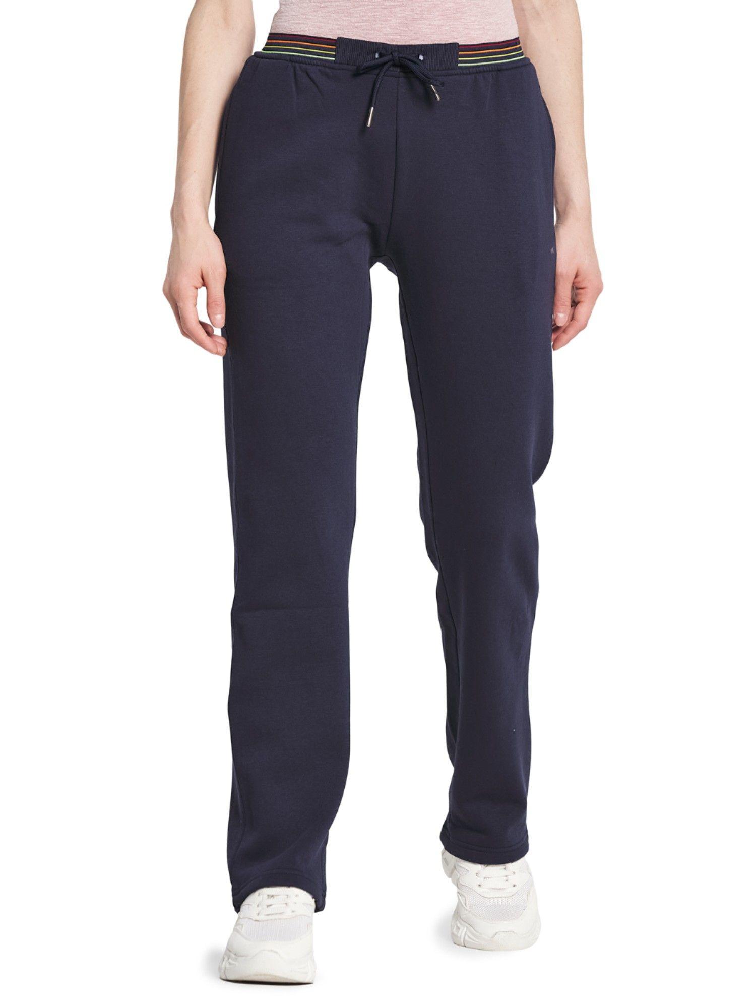 women cotton blend navy blue solid joggers