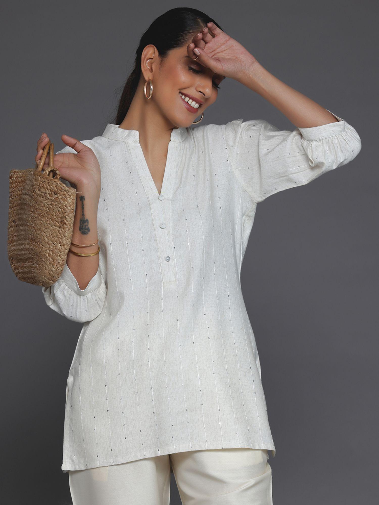 women cotton blend off white embroidered kurti