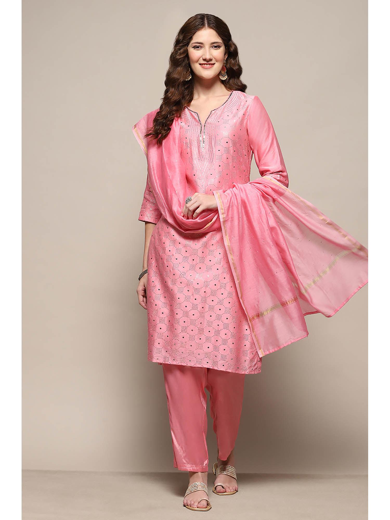 women cotton blend pink mirror work kurta with pant & dupatta (set of 3)